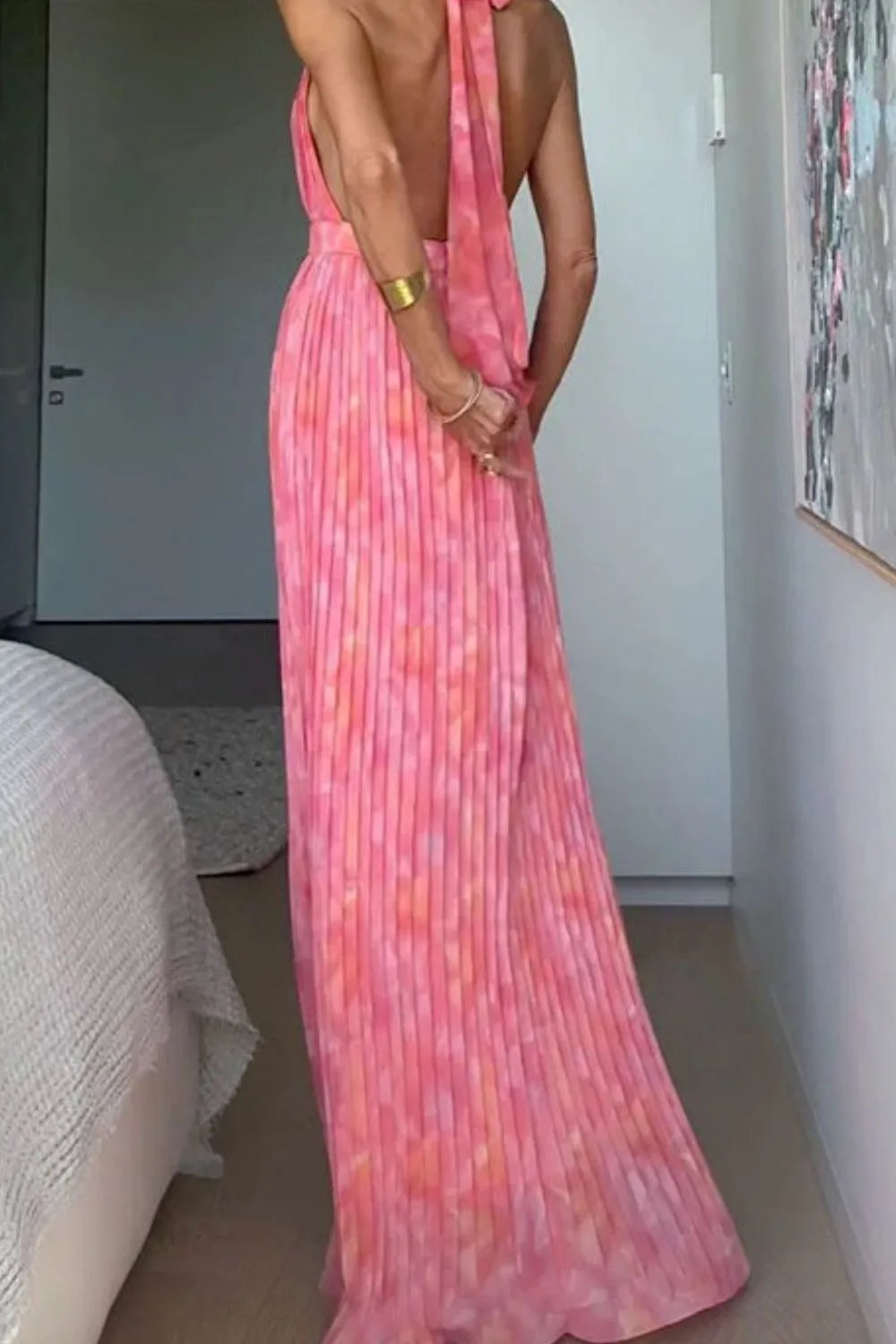 Halter Neck Pleated Maxi Dress in Pink