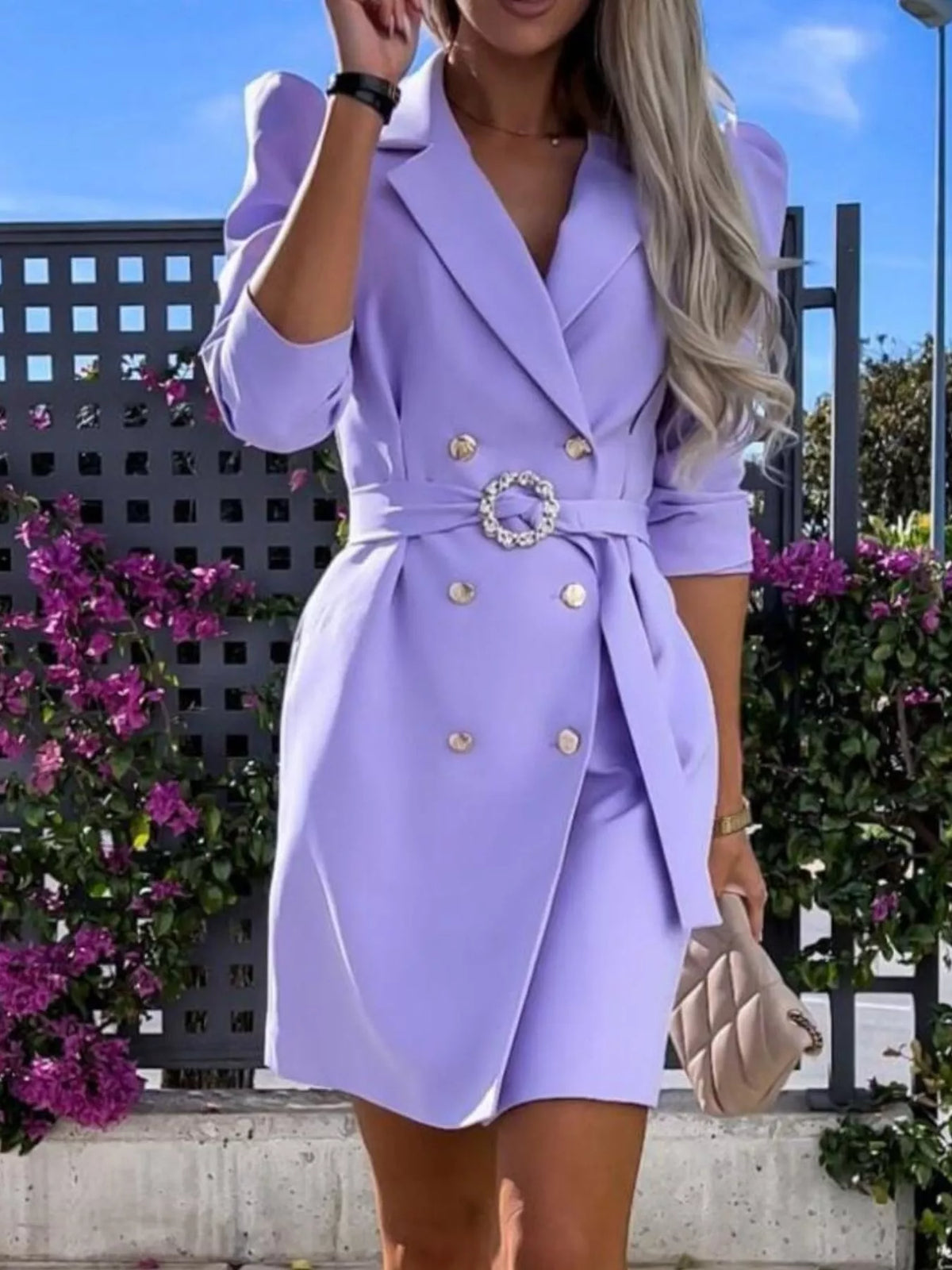 3/4-Sleeve Belted Blazer Dress