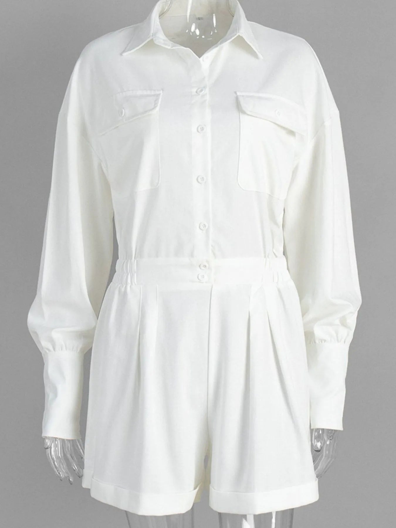 Button Front Long Sleeve Romper in Beige