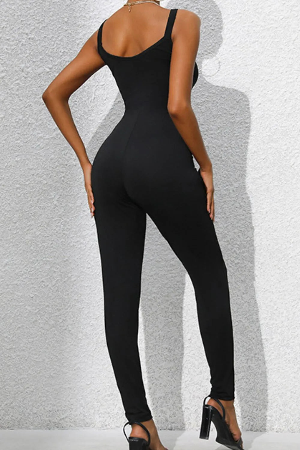 Scoop Neck Wide Strap Skinny Jumpsuit in Black