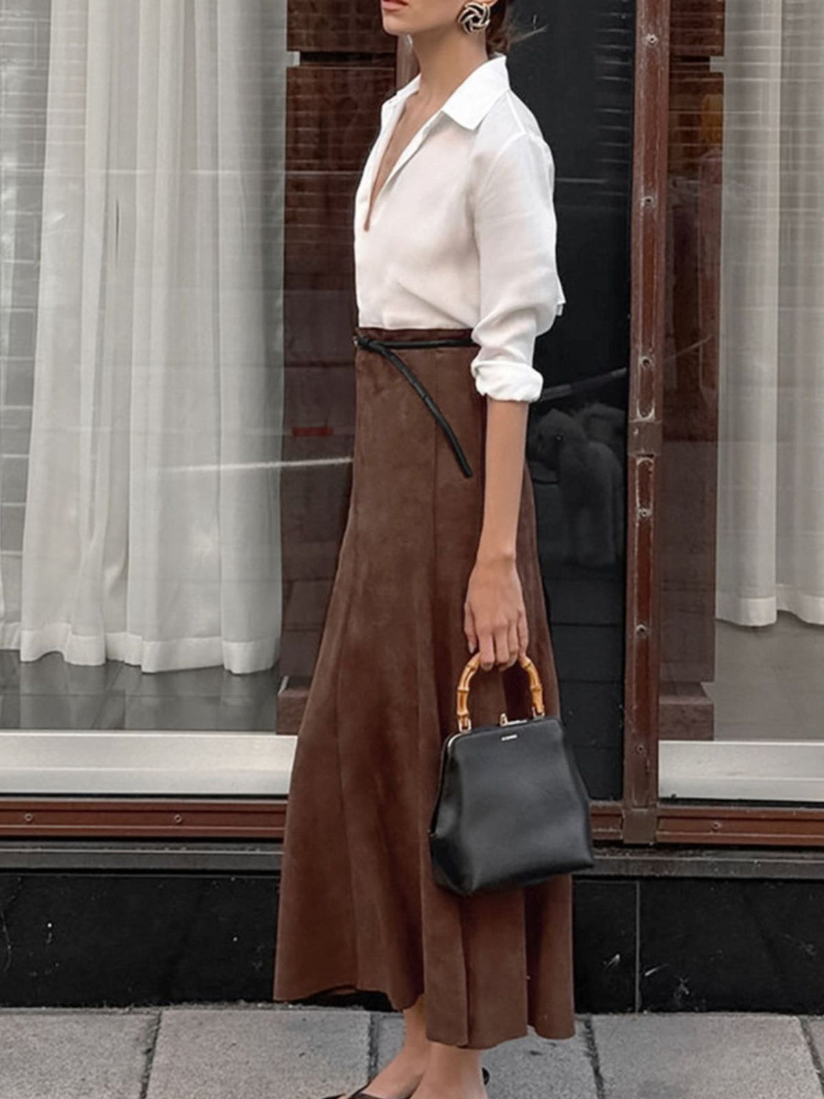 Suede Midi Skirt in Dark Brown