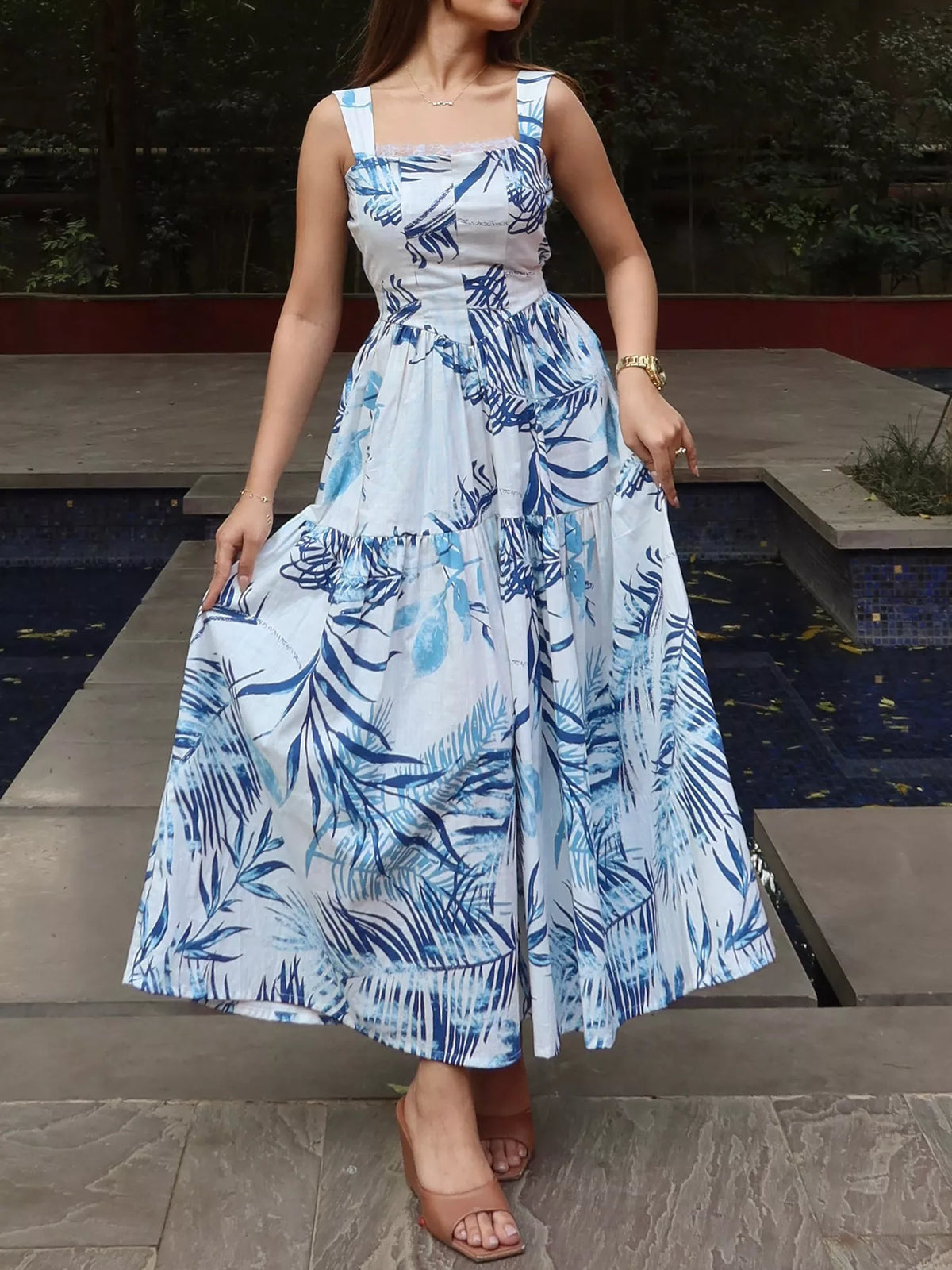 Tropical Print Tiered Maxi Dress in Blue