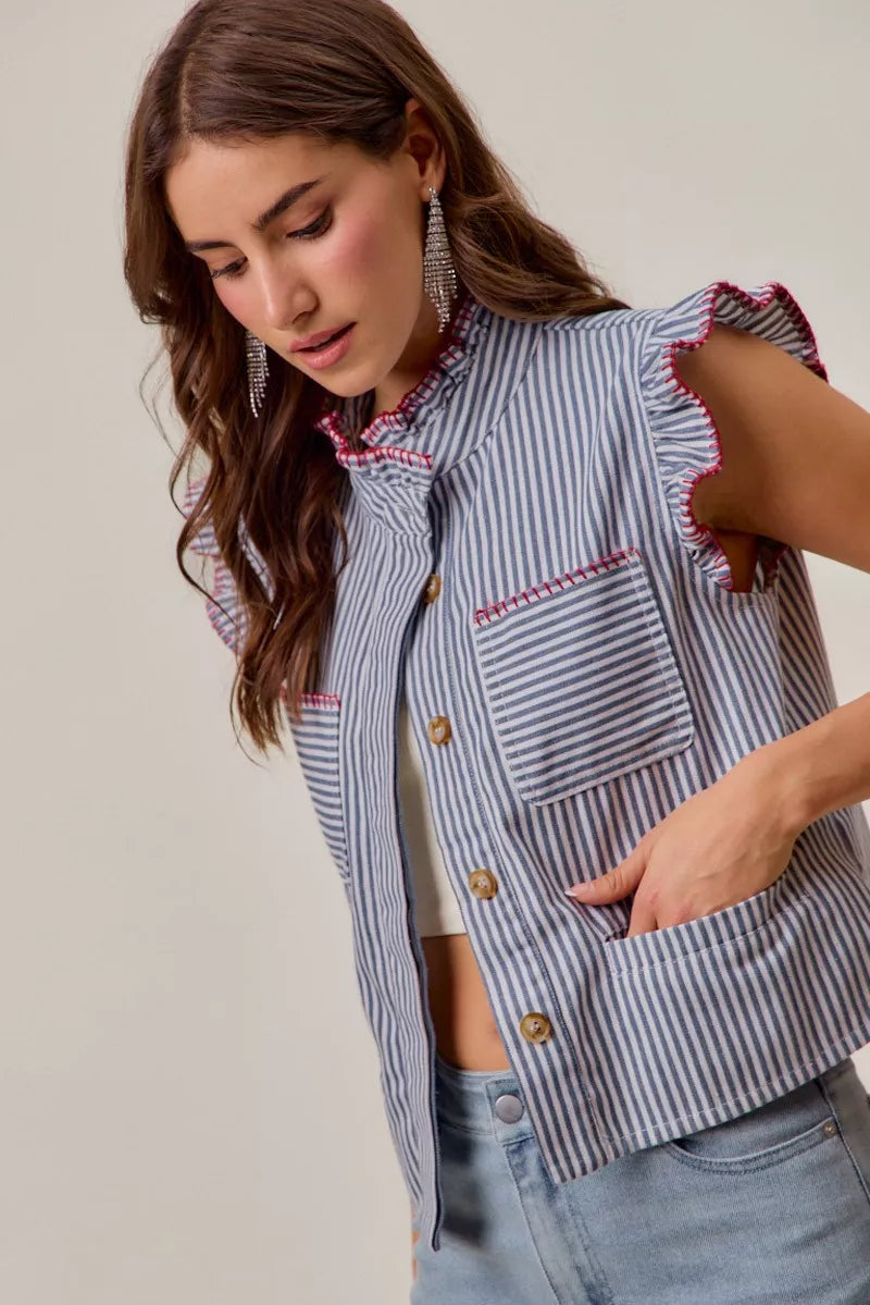 So Me Striped Ruffled Vest Top in Blue and Red in Blue/Red