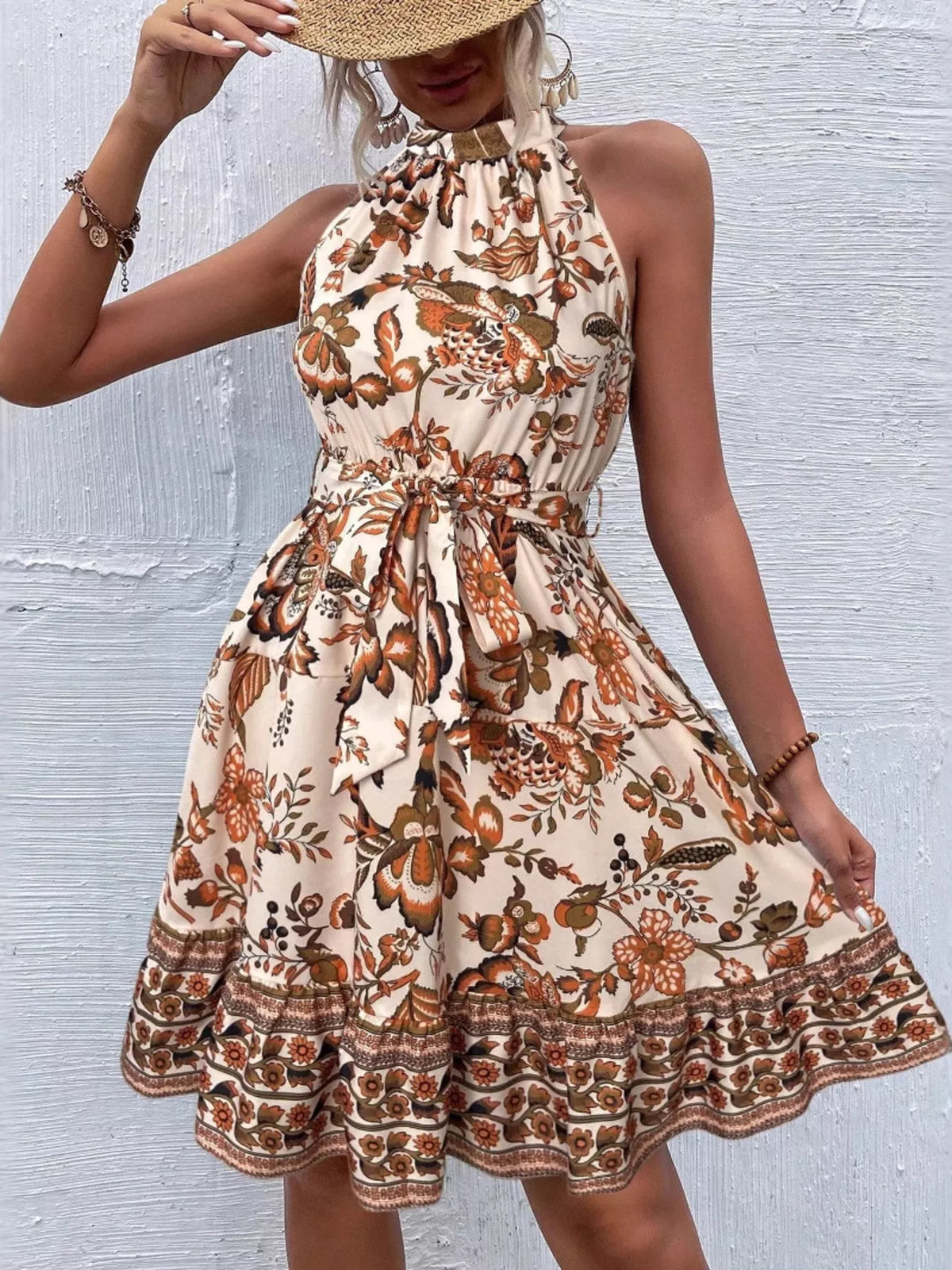 Printed Sleeveless Tie-Waist Dress