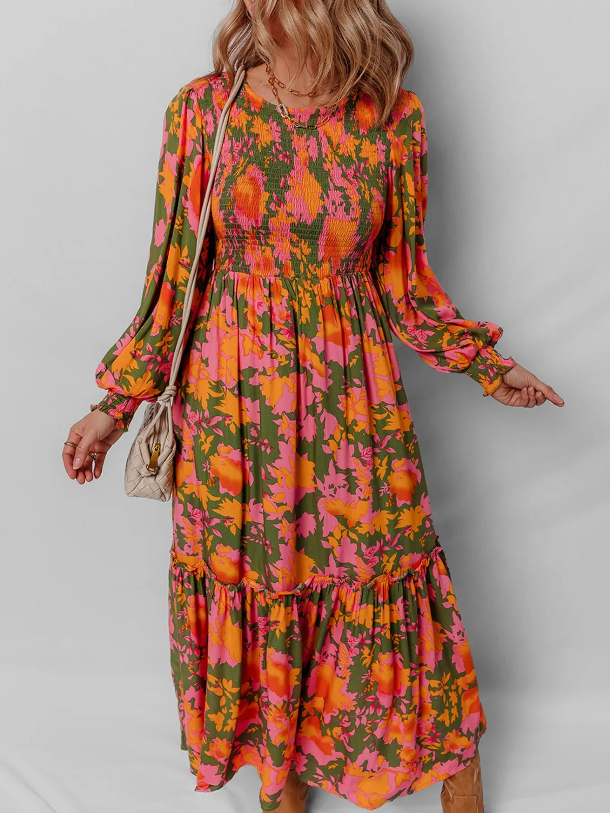 Smocked Floral Maxi Dress with Long Sleeves