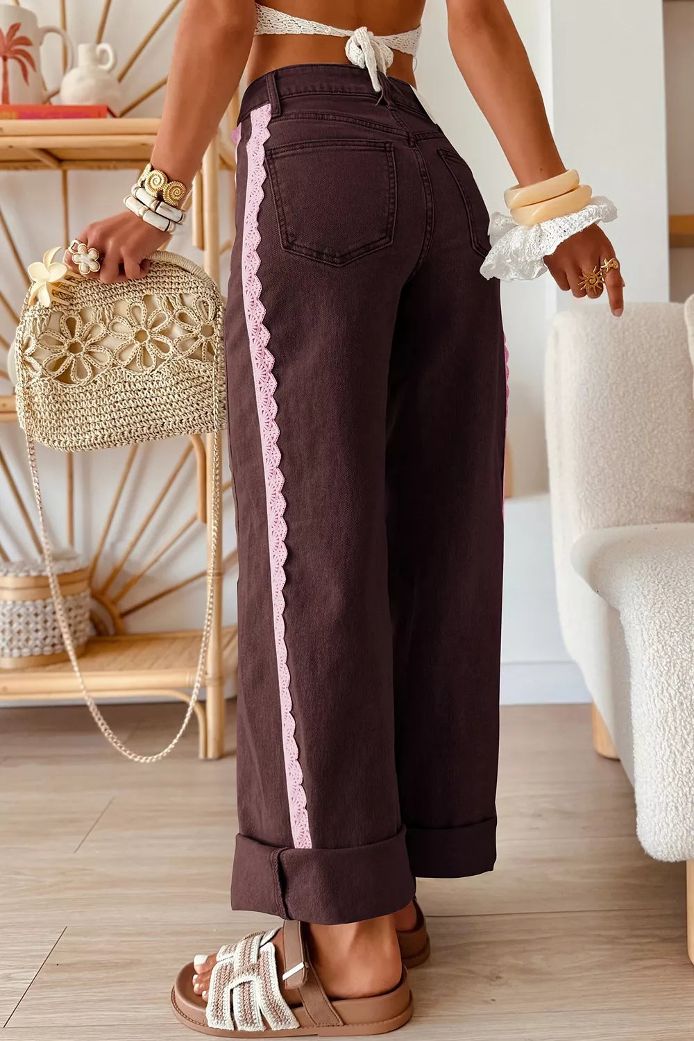 Lace Trim Straight Jeans in Coffee Brown