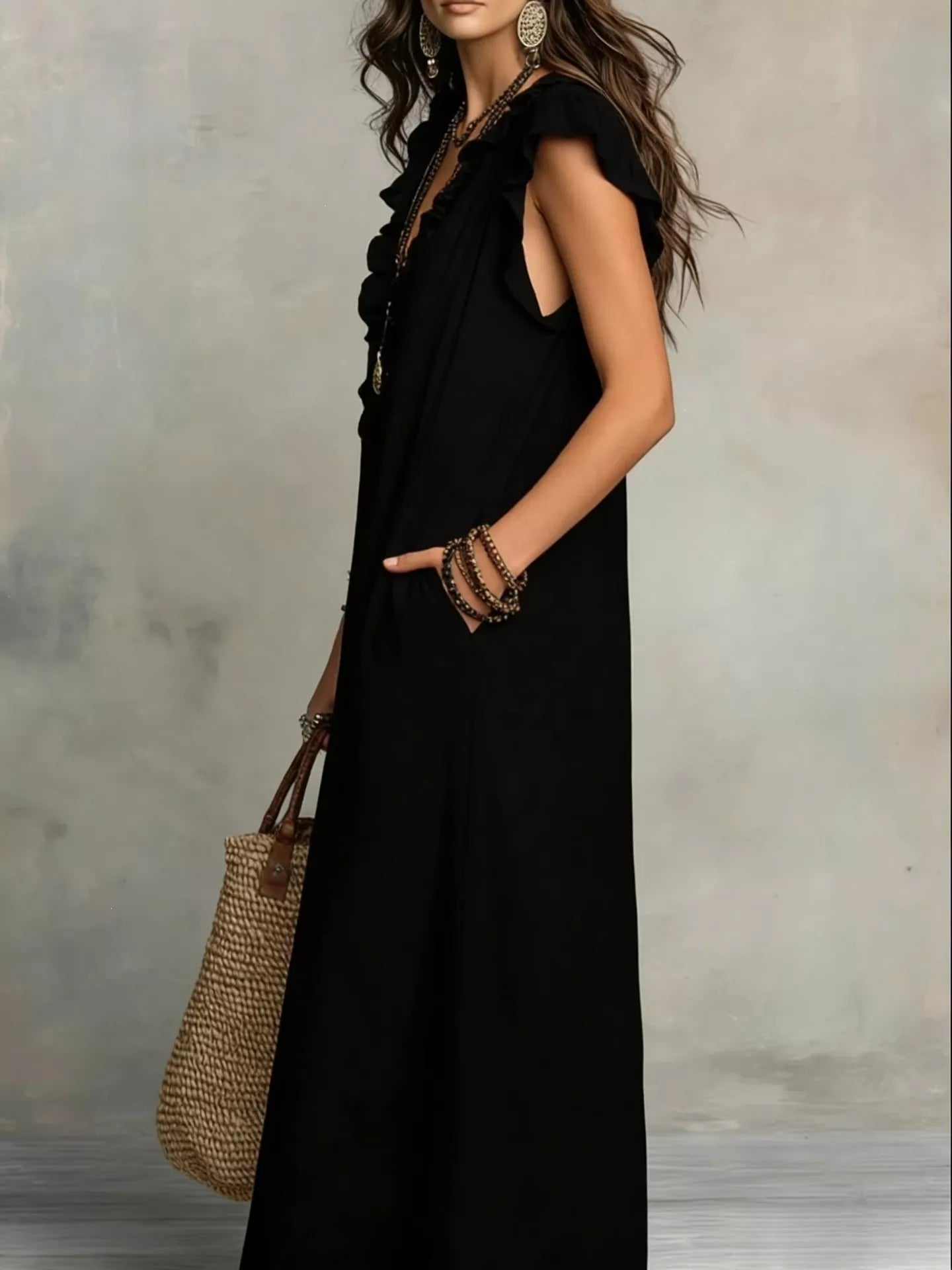 Ruffled V-Neck Cap Sleeve Maxi Dress Plus Size