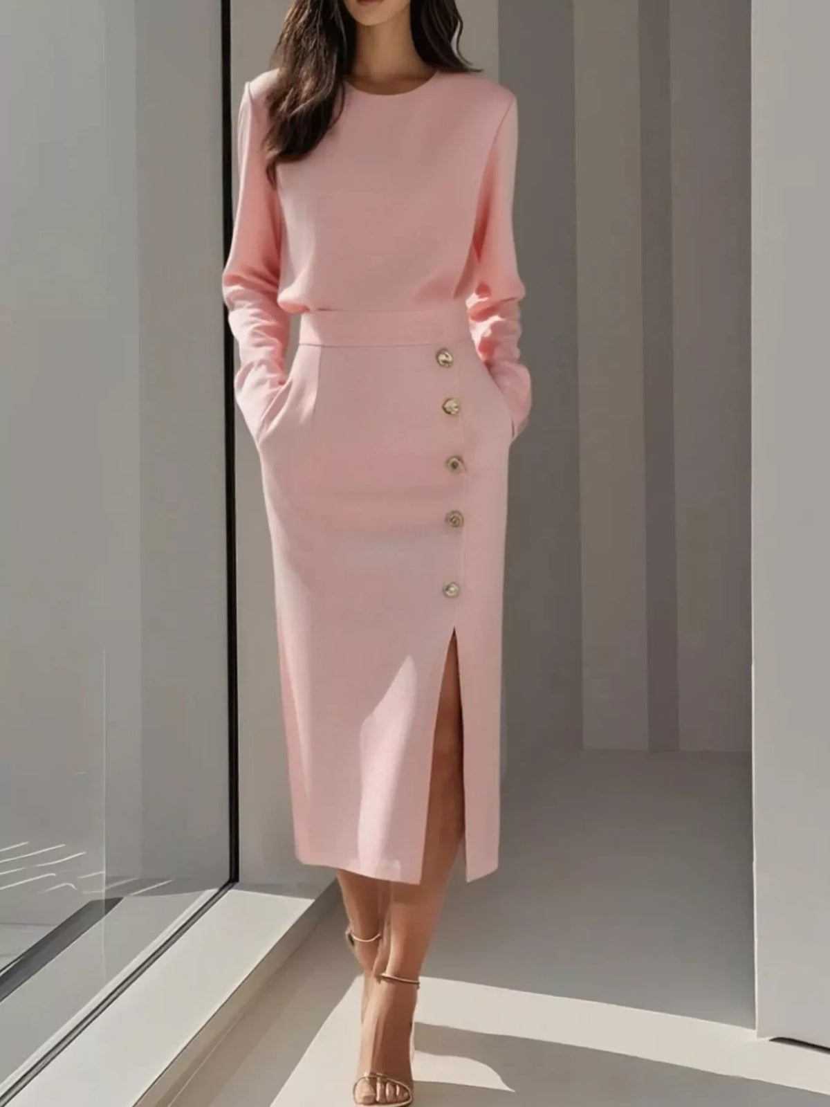 Button Detail Midi Dress with Side Slit