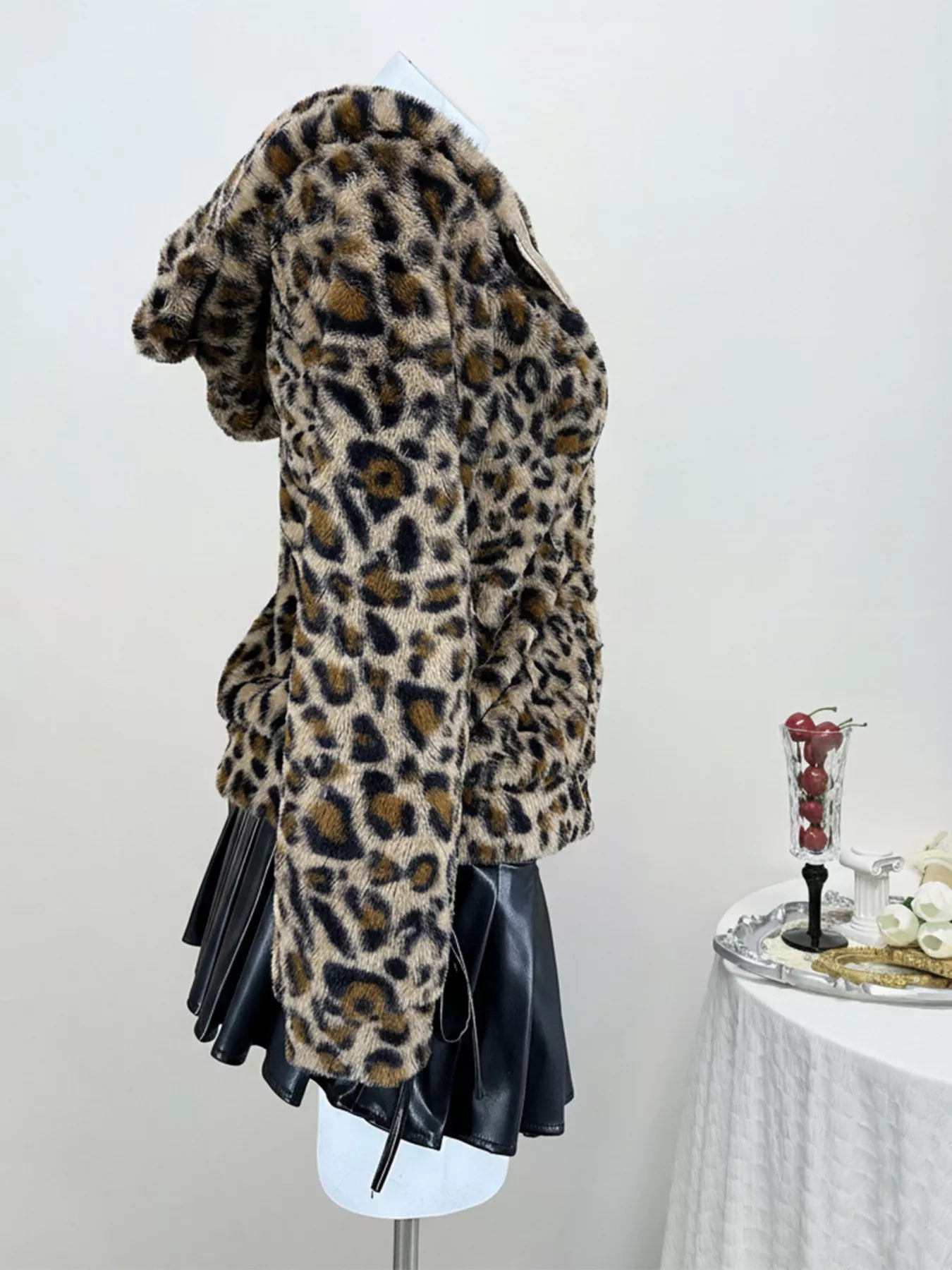 Leopard Plush Hooded Zip-Up Jacket in Brown