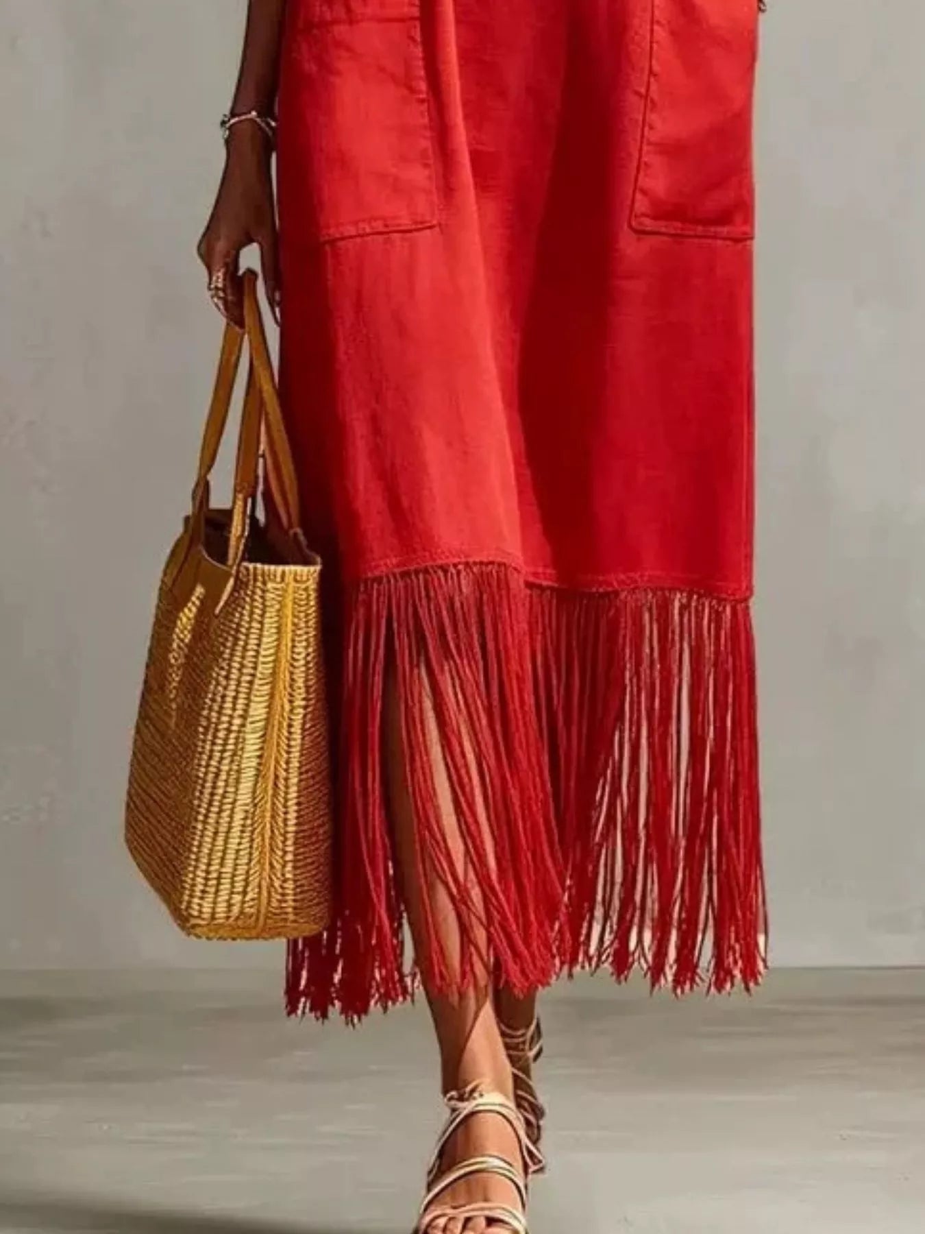 Fringe V-Neck Spaghetti Strap Dress