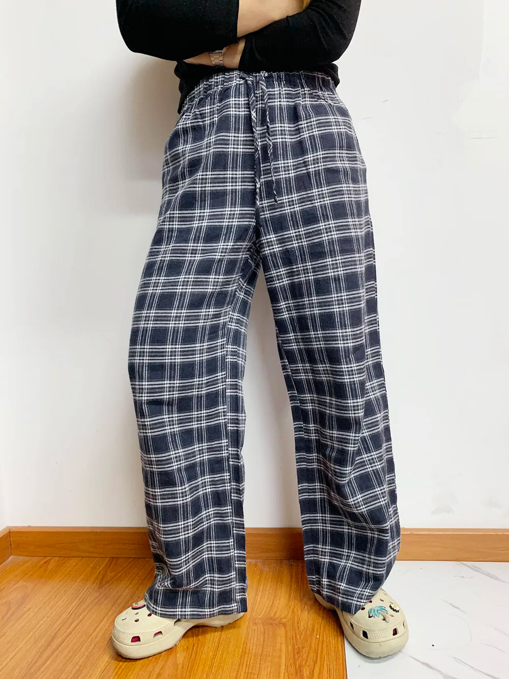 Plaid Wide-Leg Pants in Dusty Blue