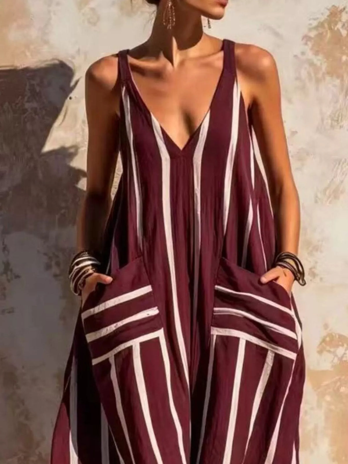 Striped V-Neck Sleeveless Wide-Leg Jumpsuit