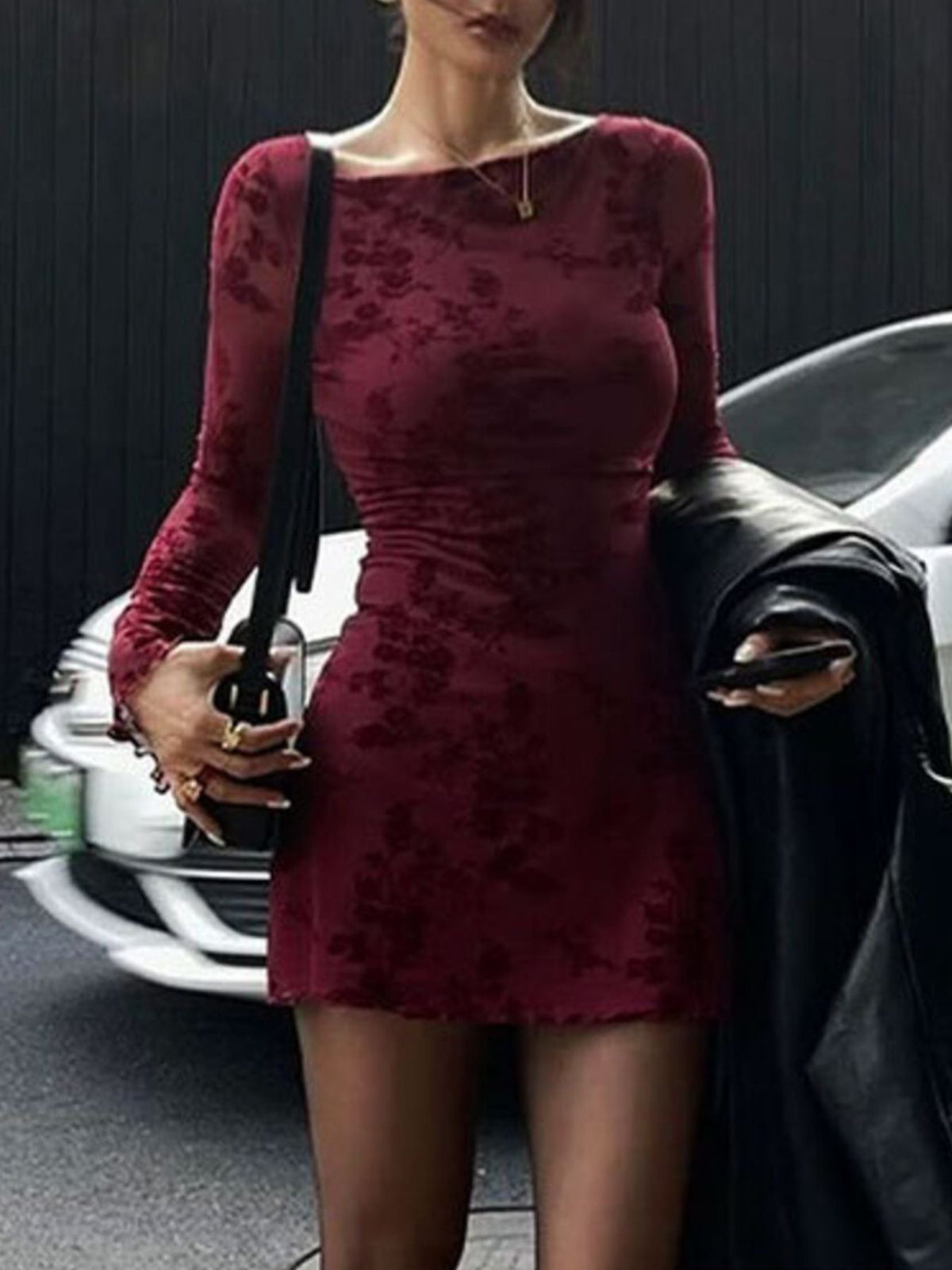 Mesh Bodycon Mini Dress in Burgundy