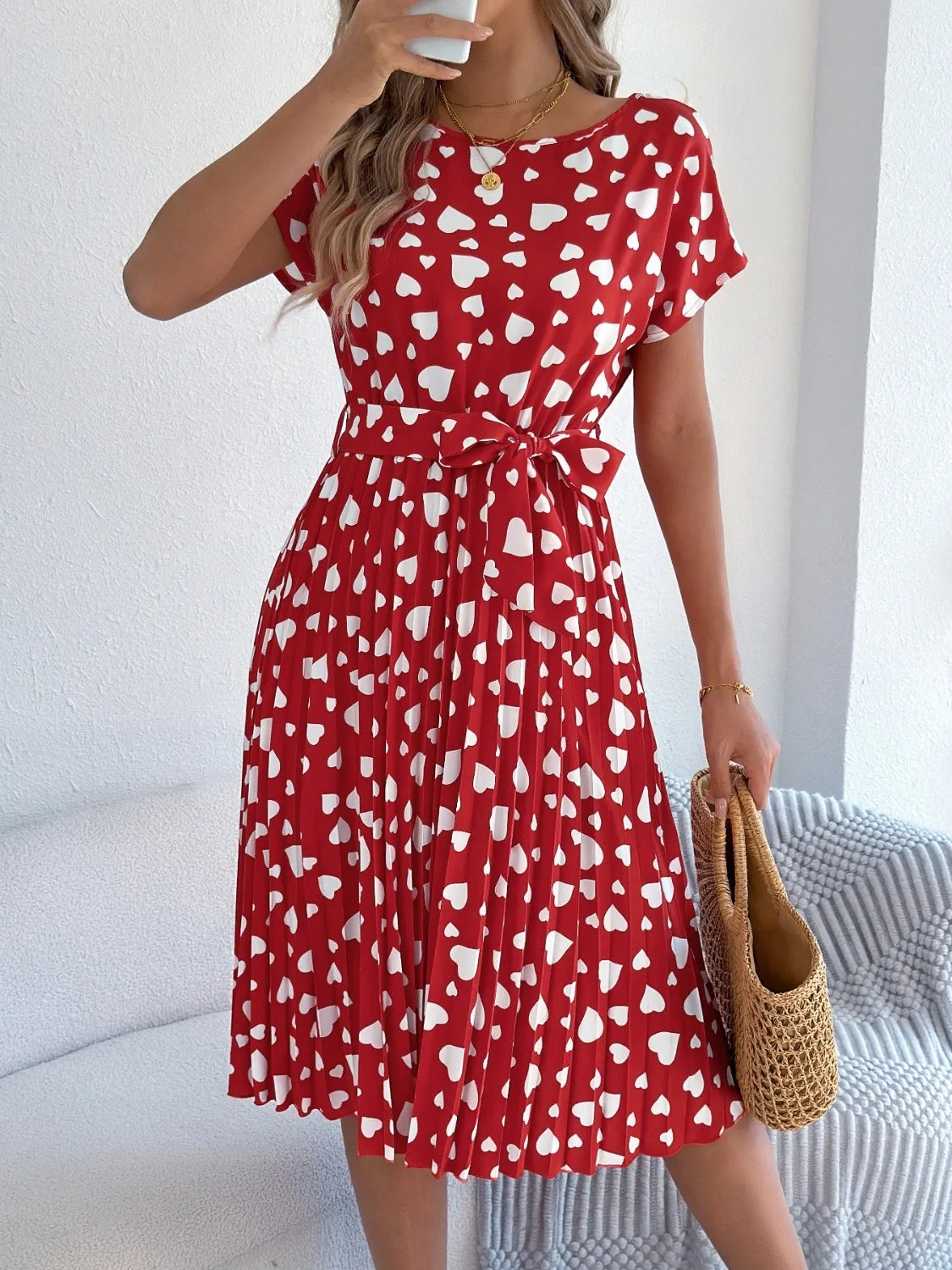 Heart Print Tie Waist Dress