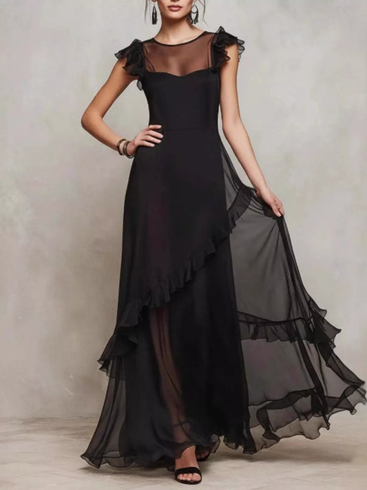 Sheer Ruffle Trim Maxi Dress in Black