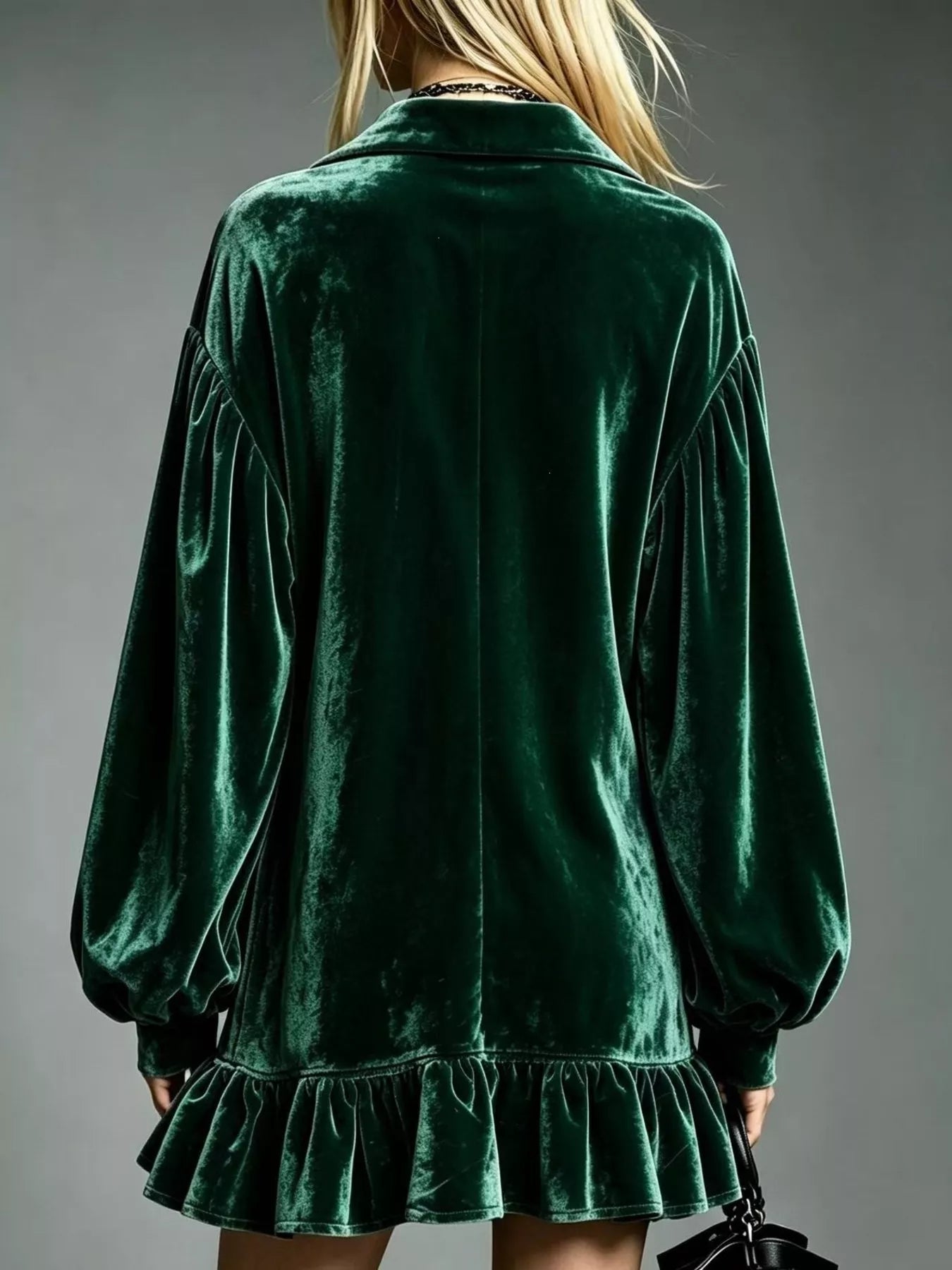 Velvet Ruffled-Hem Long Sleeve Dress
