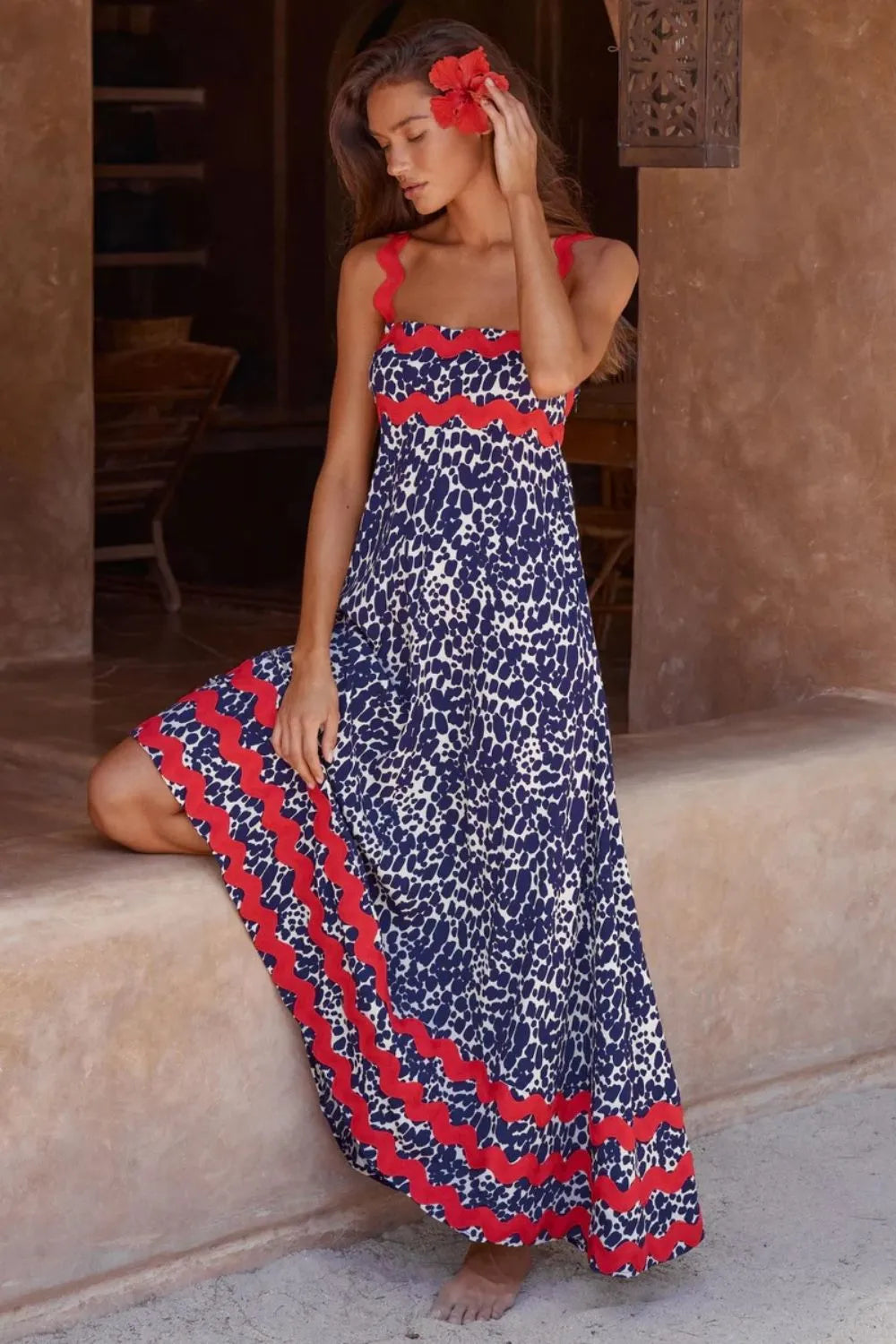 Printed Square Neck Maxi Dress in Dark Blue