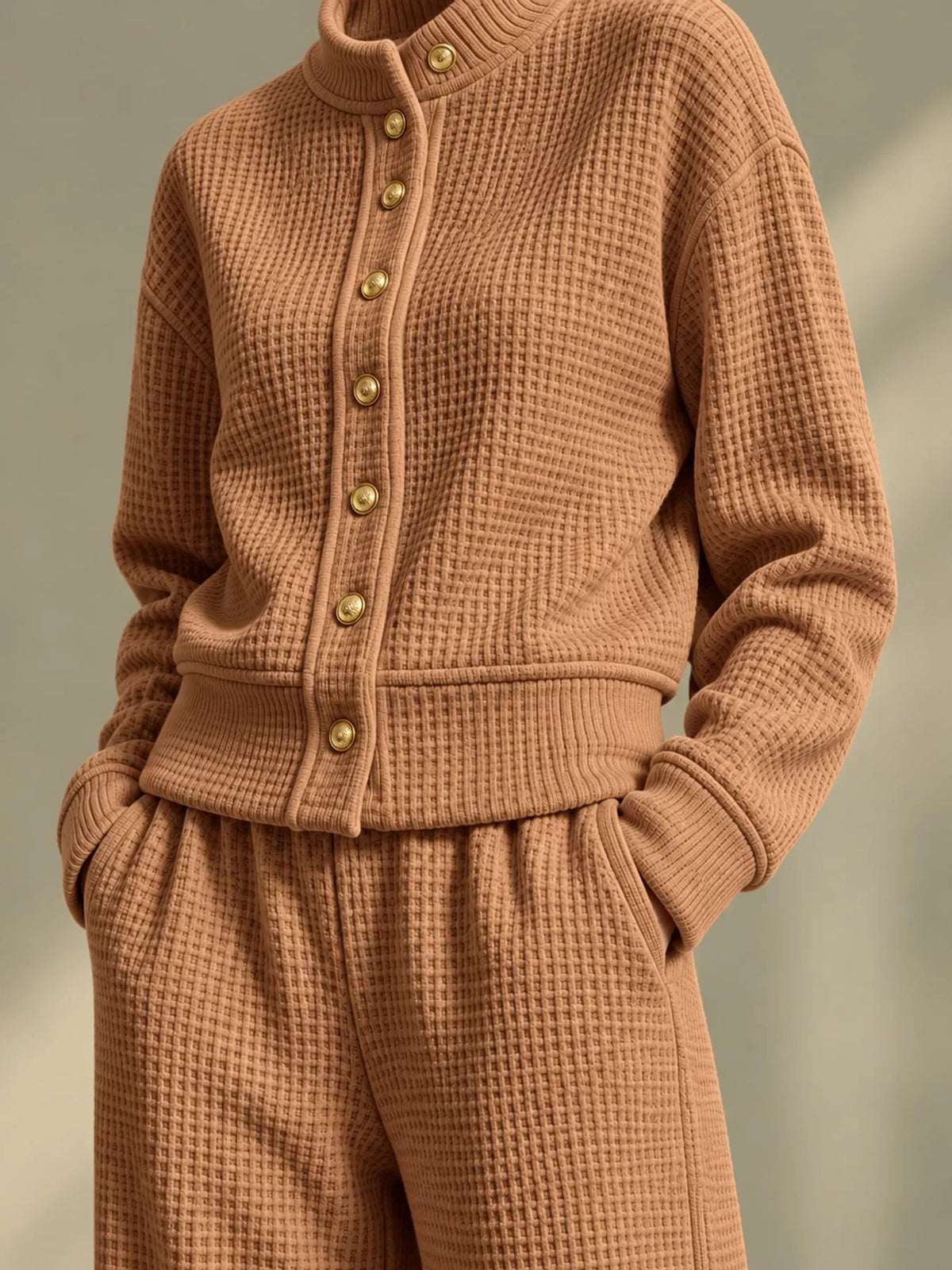 Waffle Knit Button-Up and Wide-Leg Pants Set