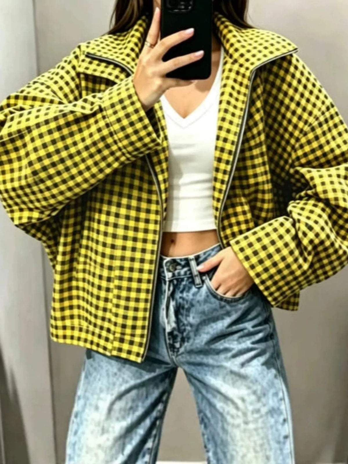 Oversized Plaid Zip-Up Jacket