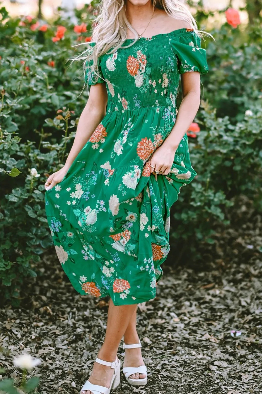 Floral Bubble Sleeve Midi Dress in Dark Green