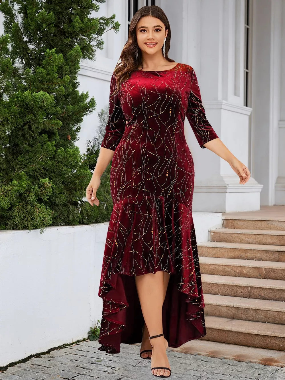 Ruffle Hem High-Low Dress in Burgundy