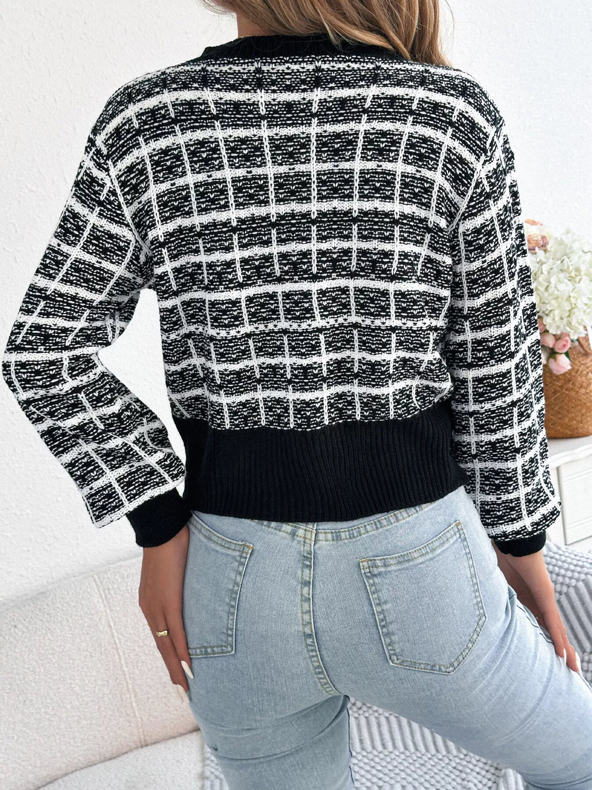 Plaid Tweed-Style Knit Cardigan by Clise