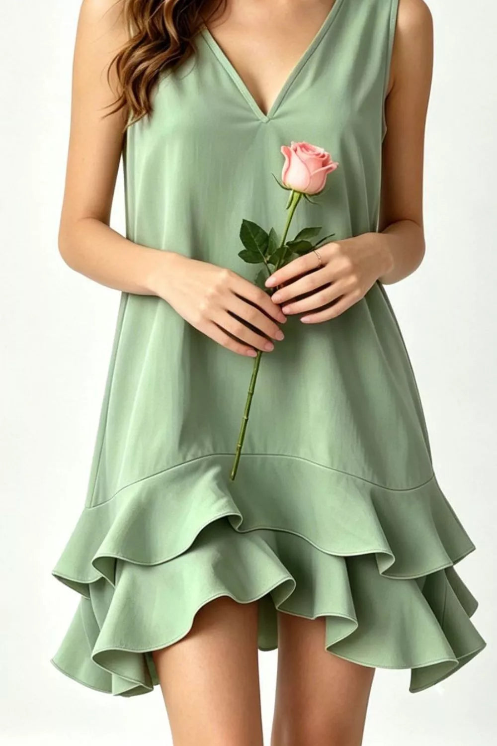 Sleeveless V-Neck Ruffle Hem Mini Dress in Taupe