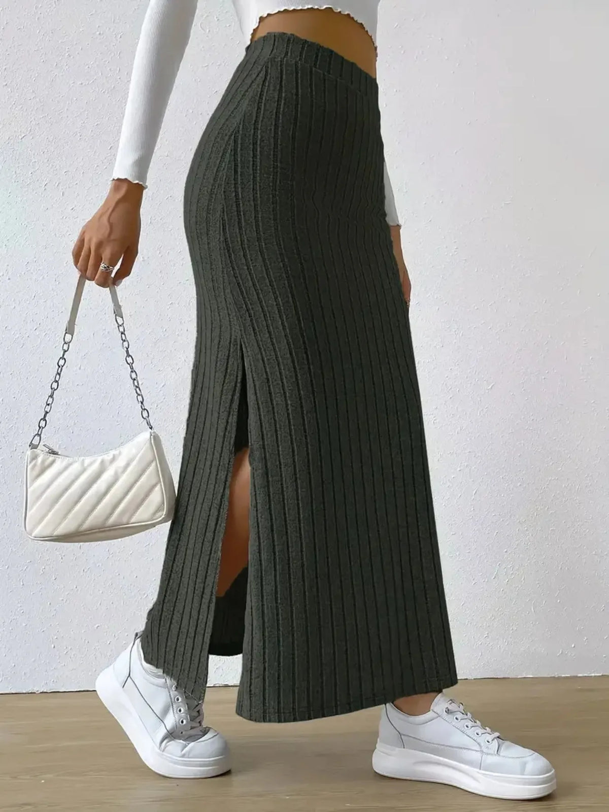 High-Waisted Ribbed Knit Maxi Skirt