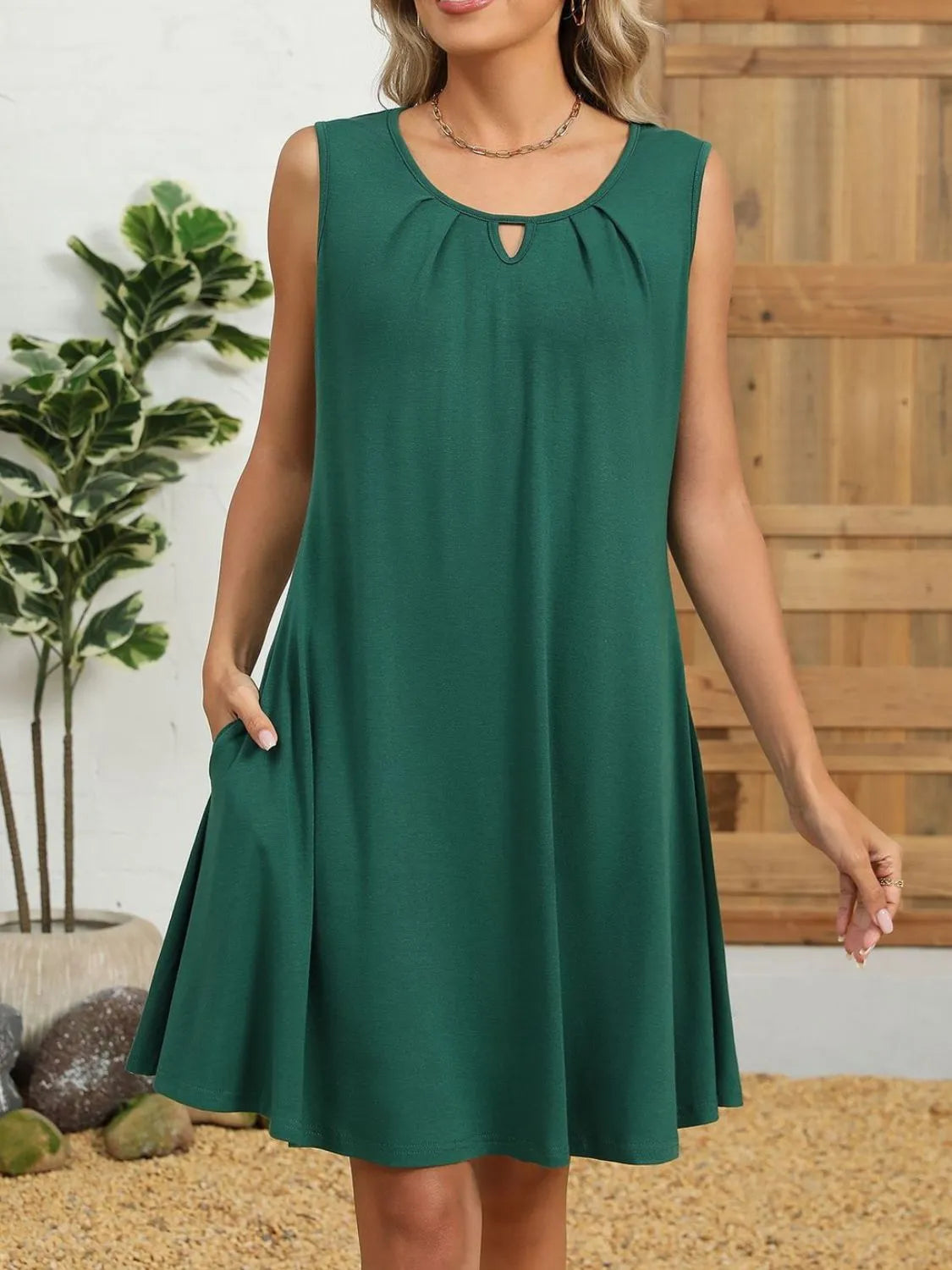 Ruched Round Neck Sleeveless Dress with Pockets