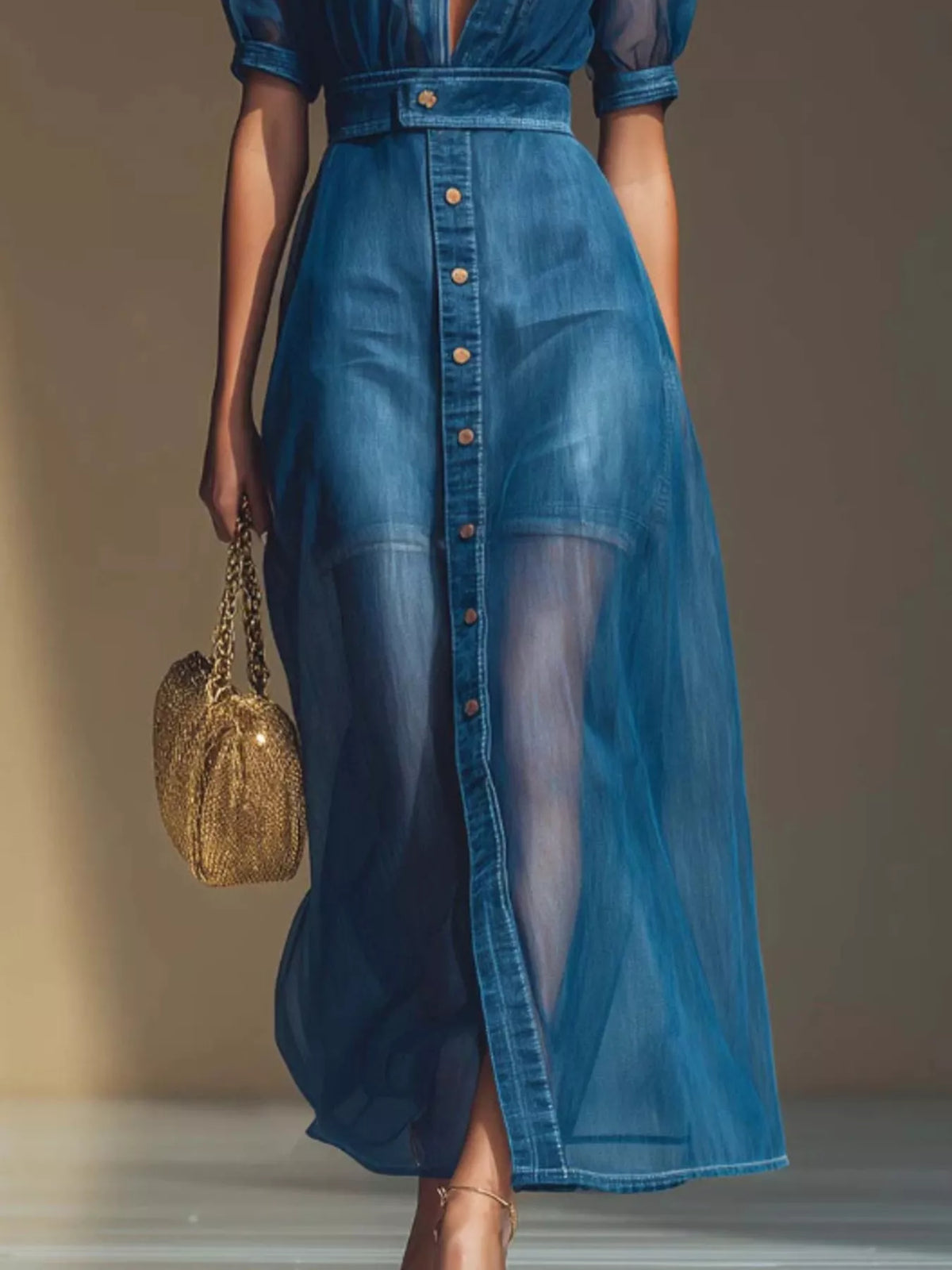 Sheer Panel Button-Down Maxi Dress in Blue