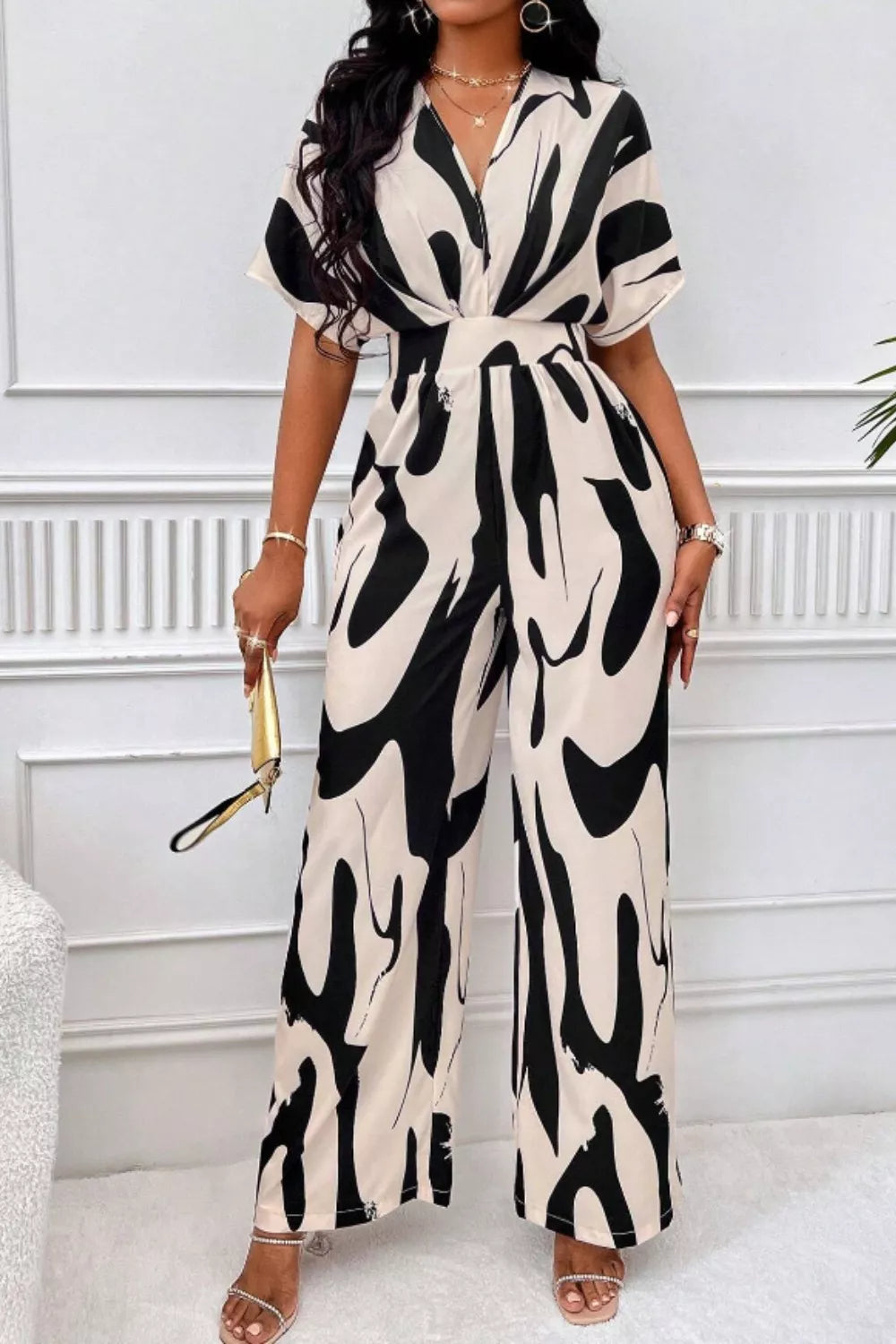 Printed V-Neck Wide Leg Jumpsuit