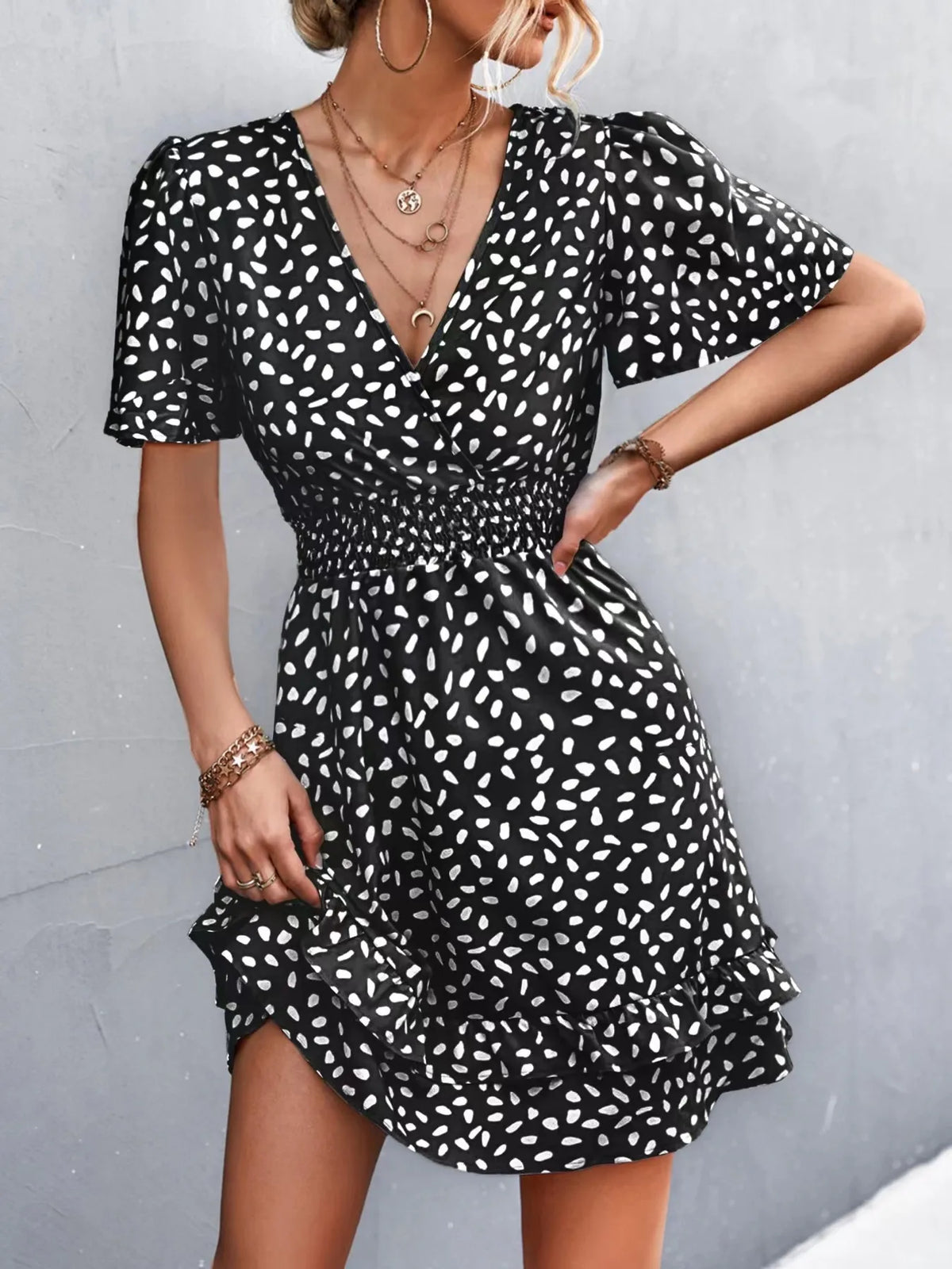 V-Neck Flutter Sleeve Mini Dress by Elaine