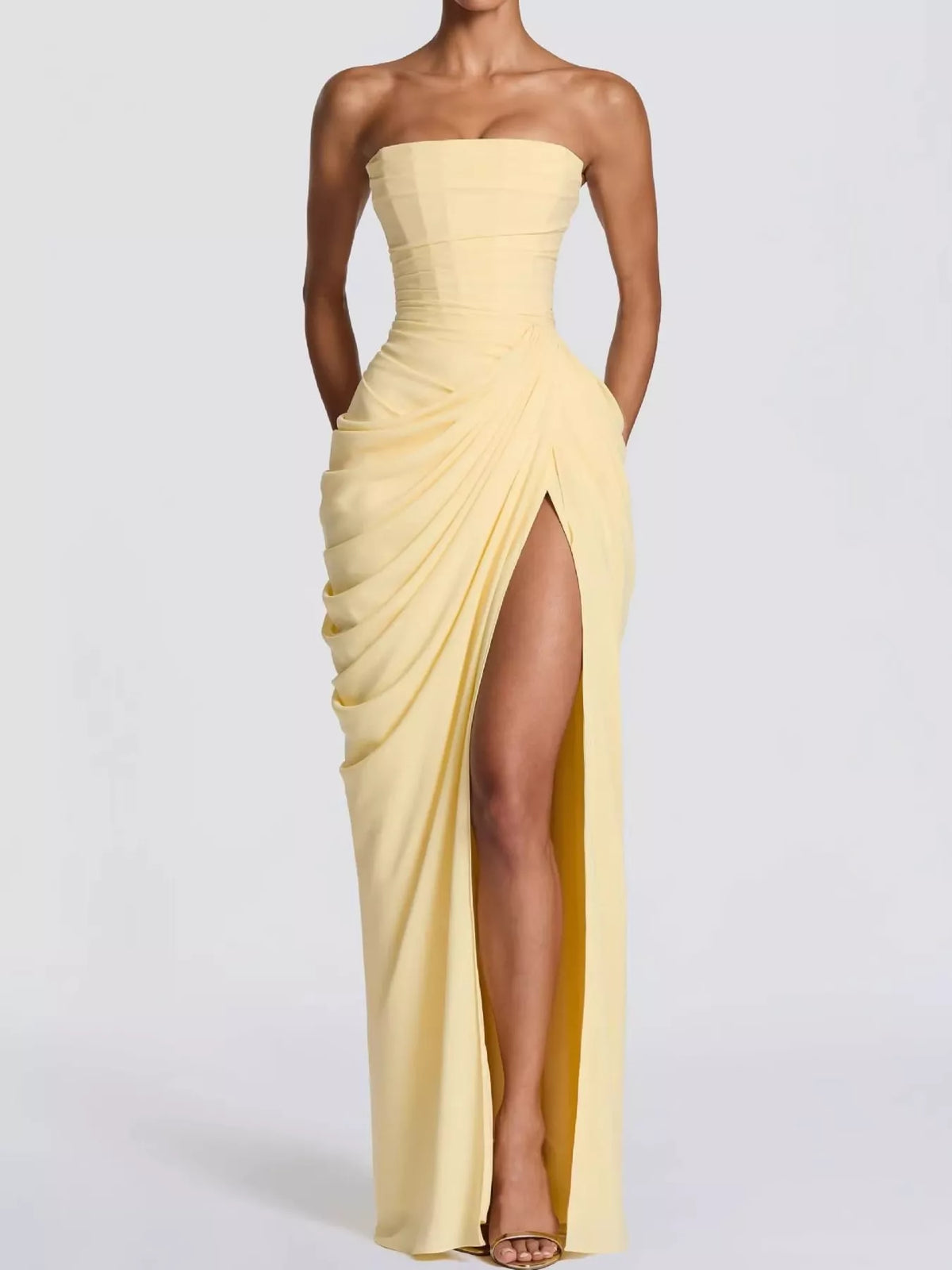 Strapless Ruched High-Slit Evening Dress
