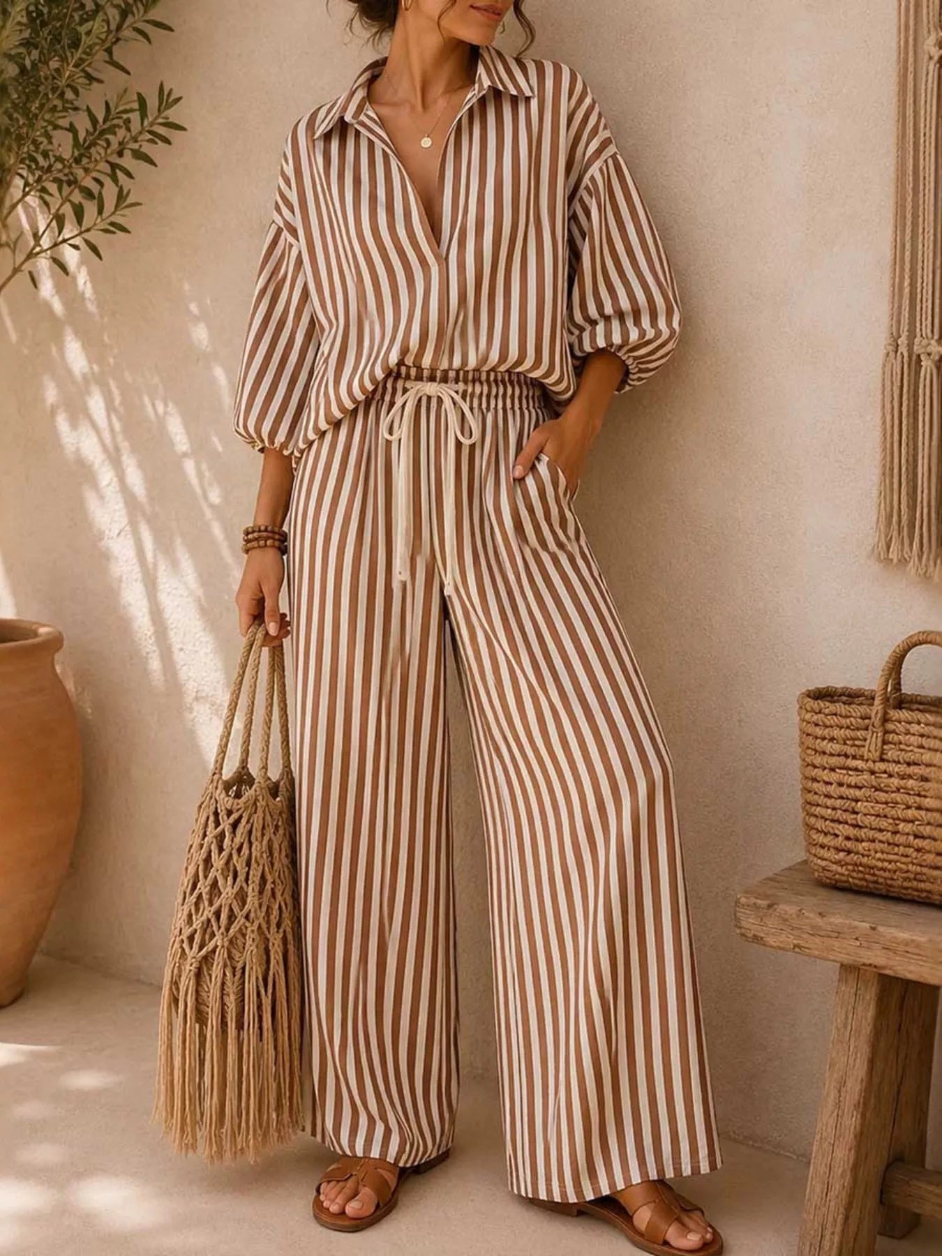 Striped Puff-Sleeve Top and Wide-Leg Pants Set