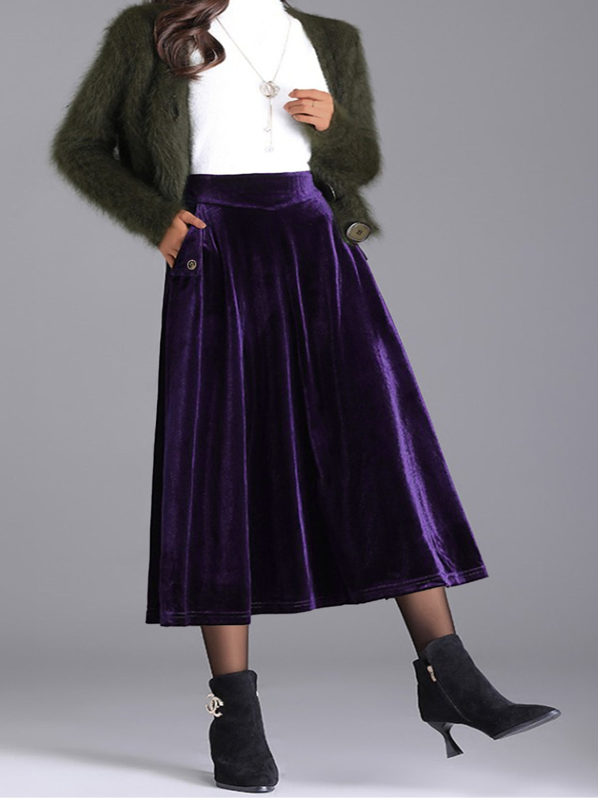 Plus Size Velvet A-Line Midi Skirt