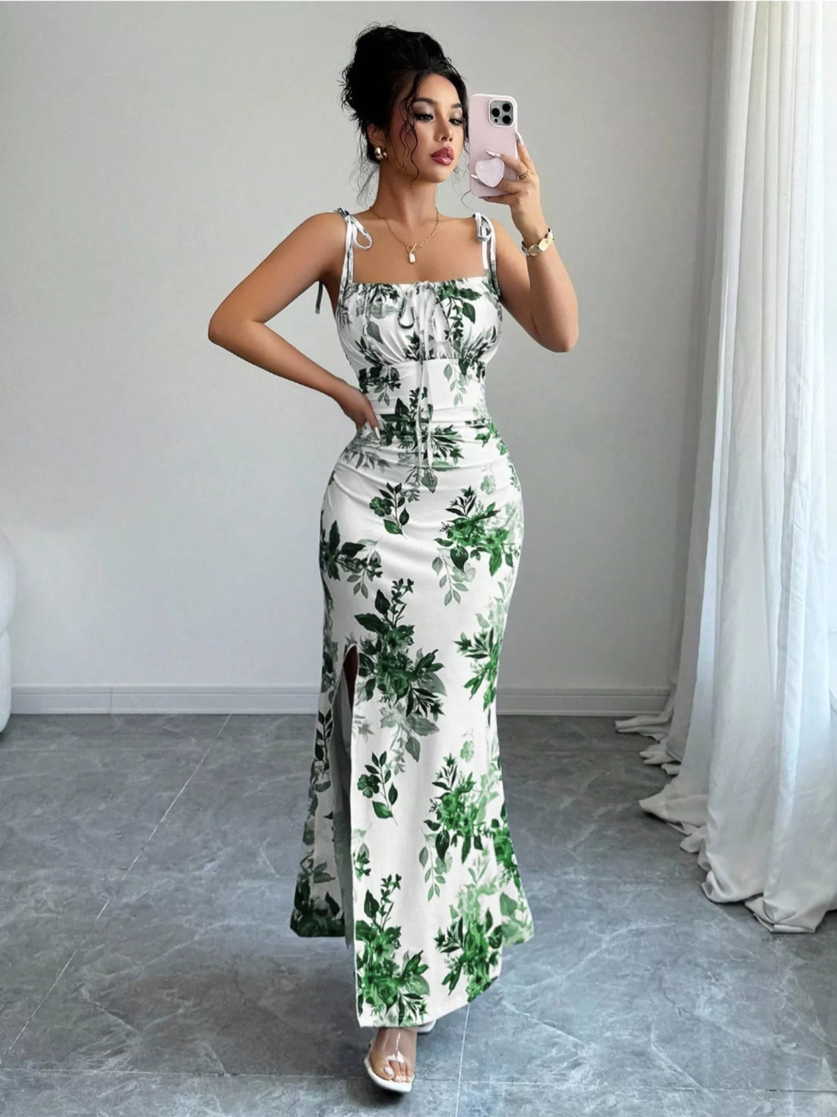Printed Tie Strap Maxi Dress with Slit