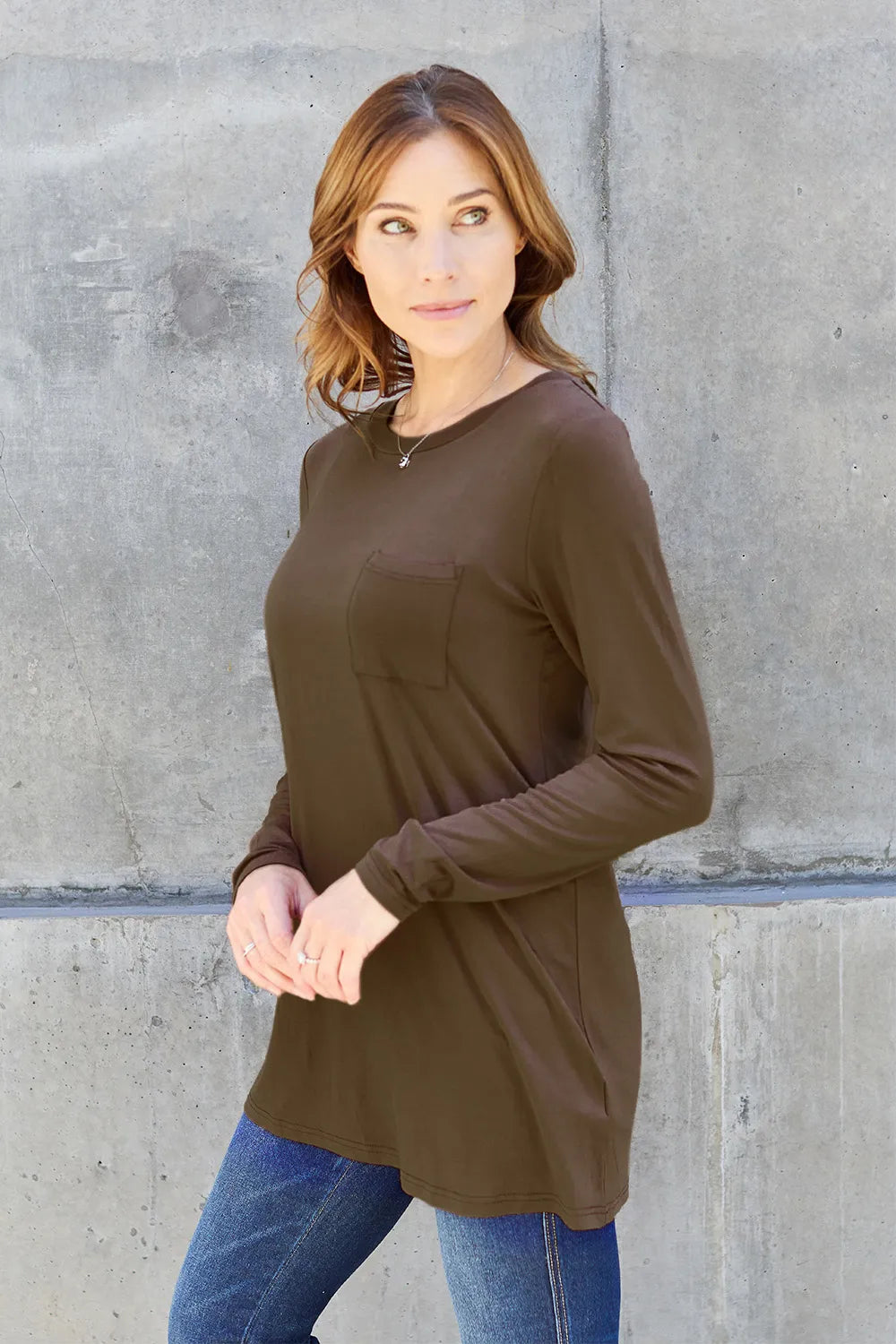 Basic Bae Pocketed Round Neck Long Sleeve Top