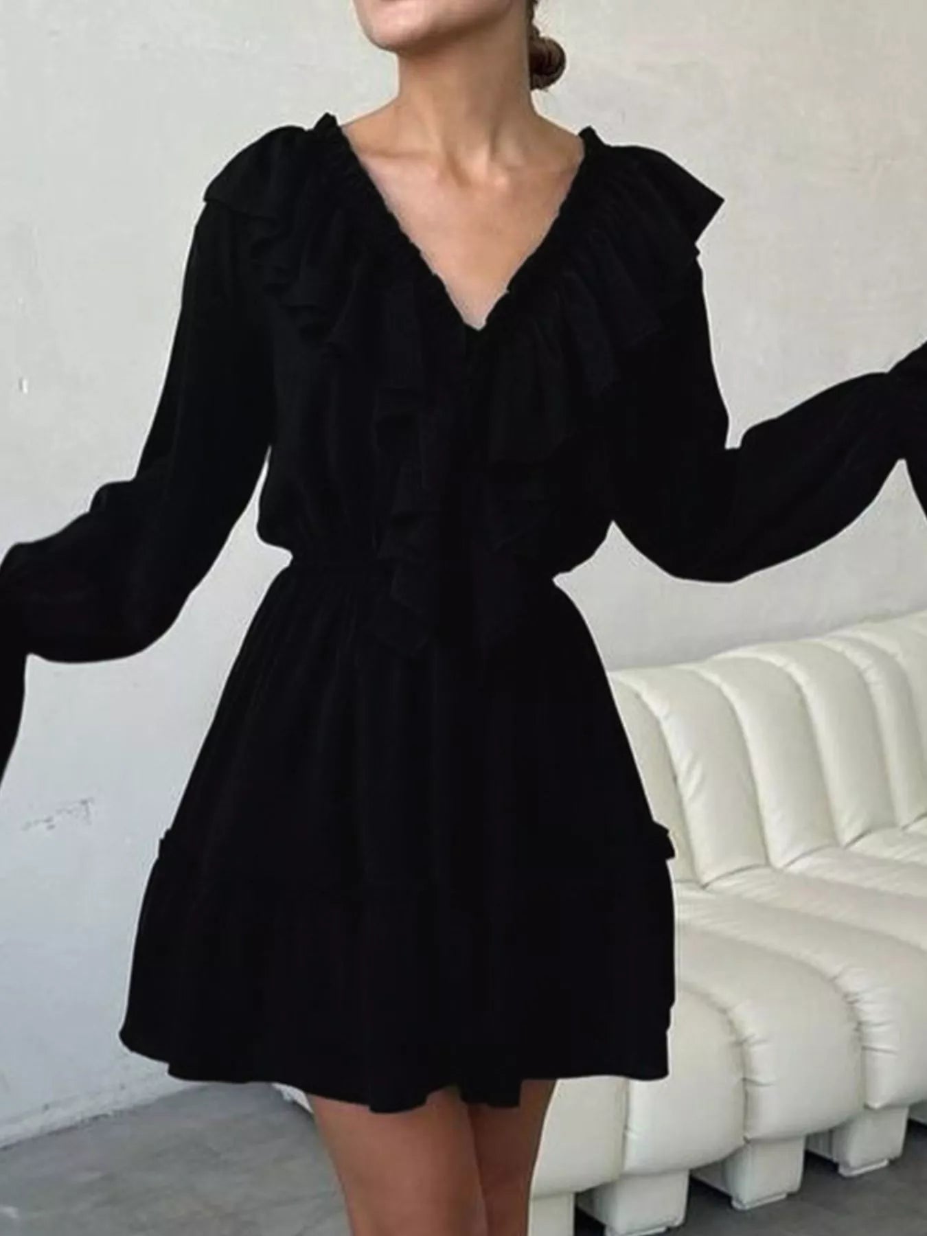 Ruffled V-Neck Long-Sleeve Mini Dress