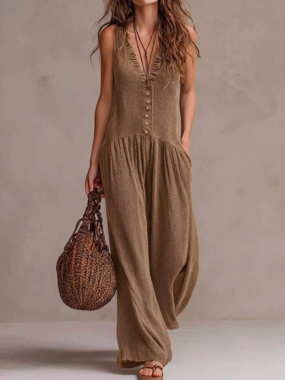 Ruched V-Neck Sleeveless Wide Leg Jumpsuit