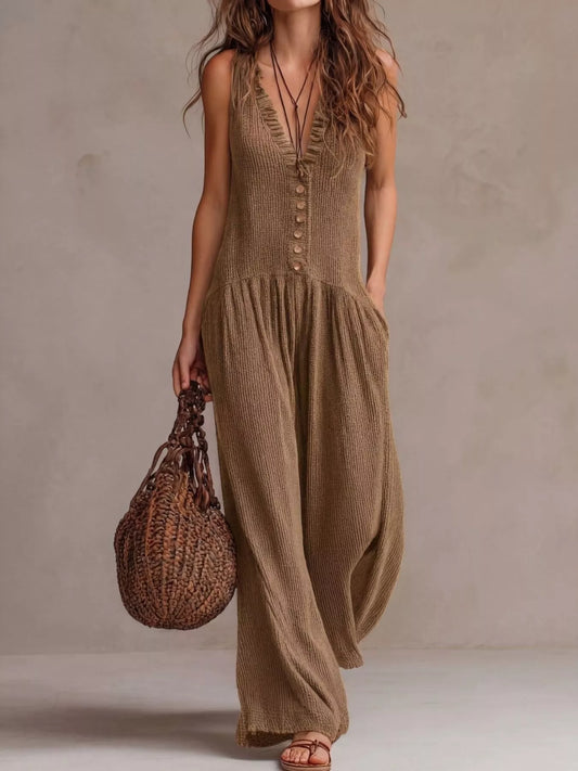 Ruched V-Neck Sleeveless Wide Leg Jumpsuit