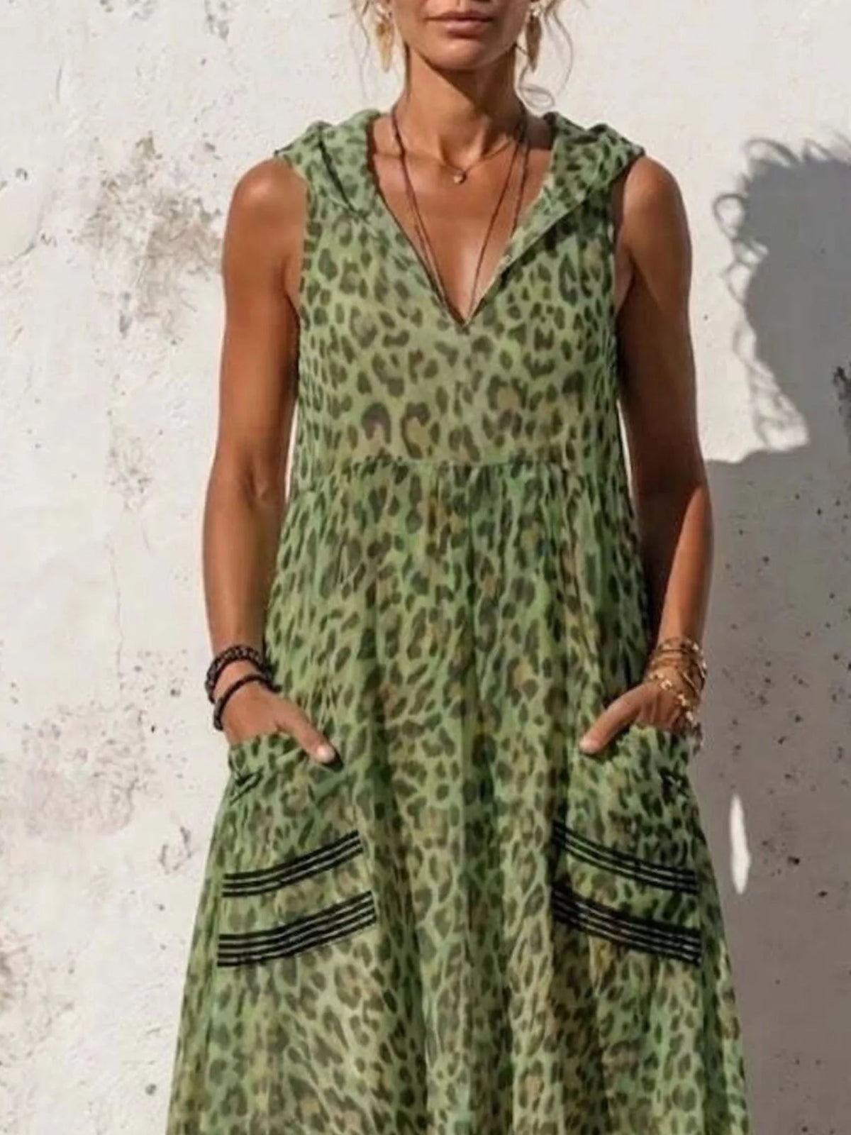 Hooded Leopard Print Maxi Dress, Plus Size