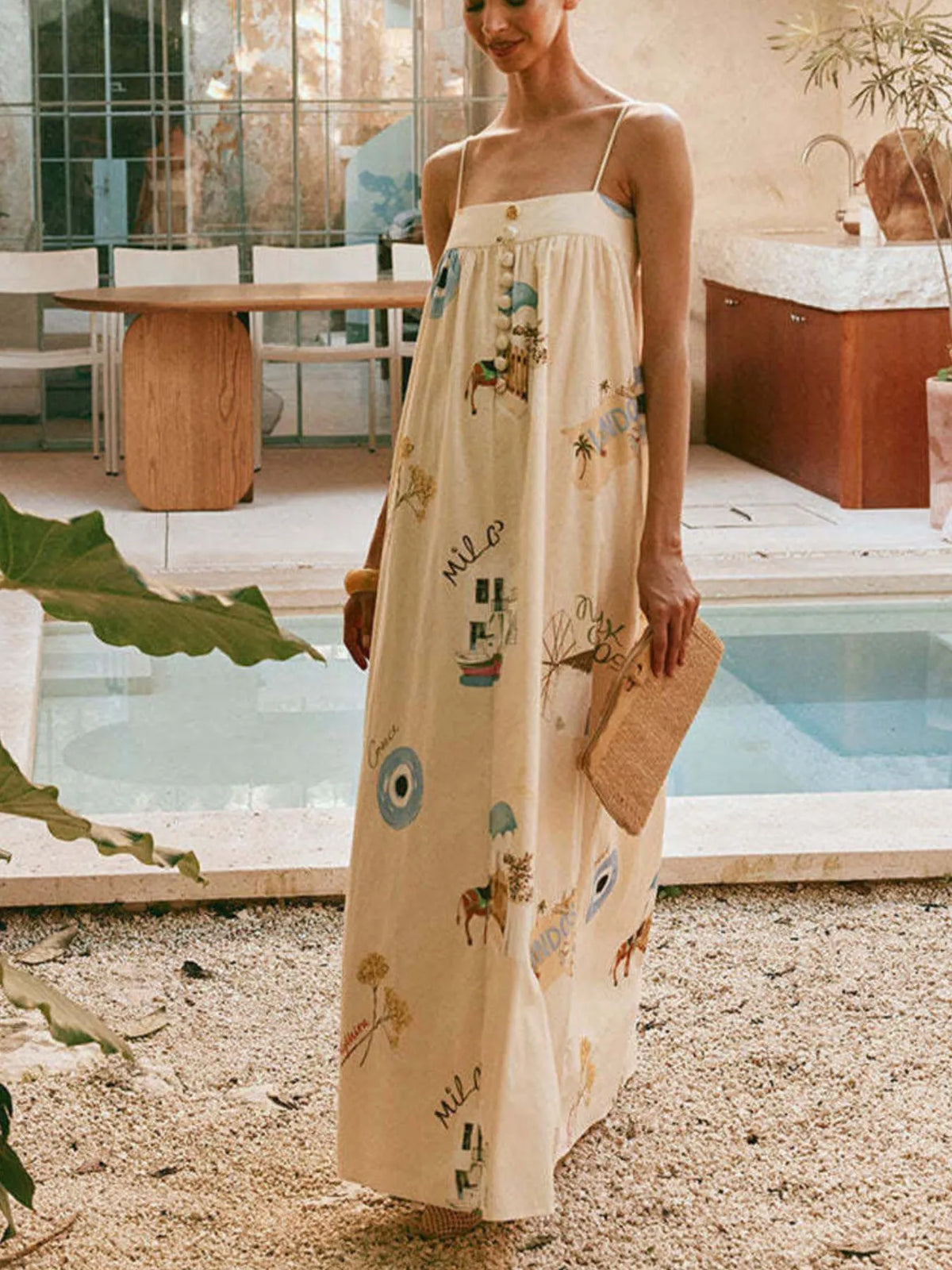 Bohemian Print Cami Maxi Dress in Beige