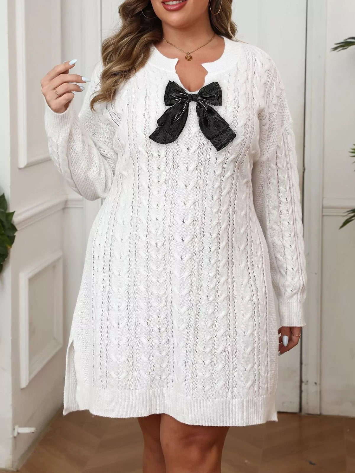 Cable-Knit Sweater Dress with Contrast Bow Detail in White