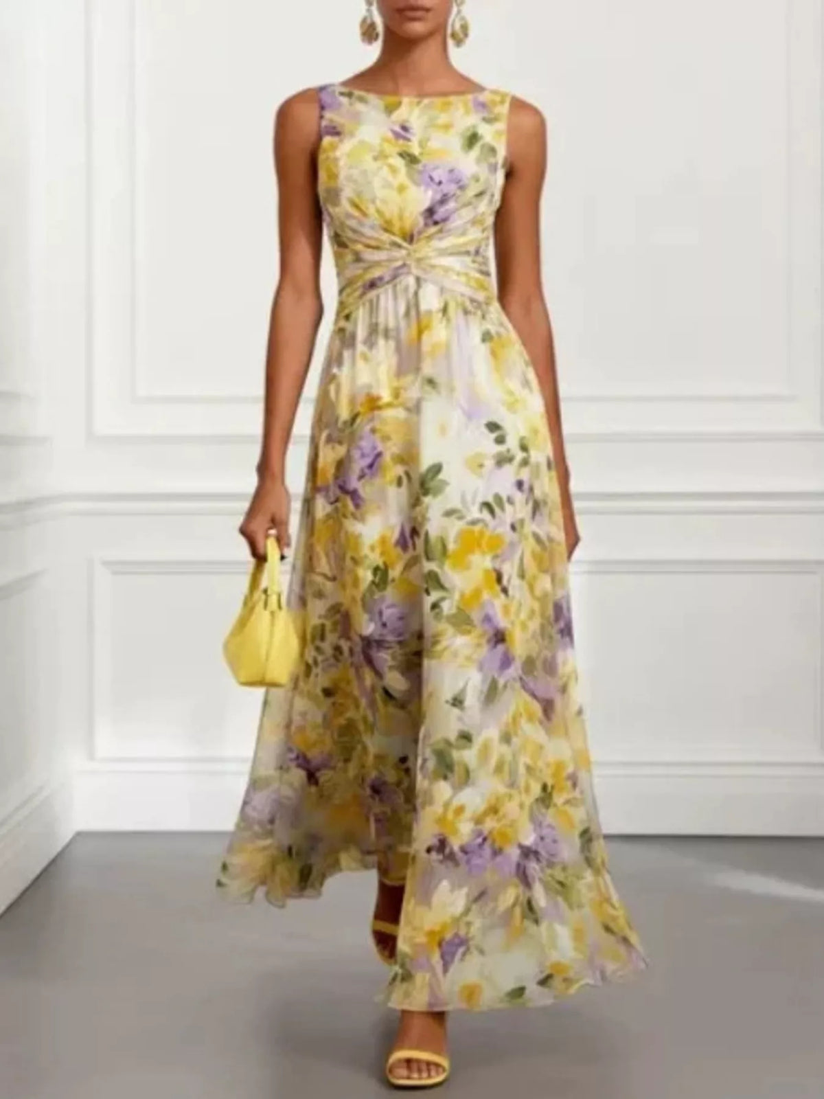 Floral Twist-Front Maxi Dress in Yellow