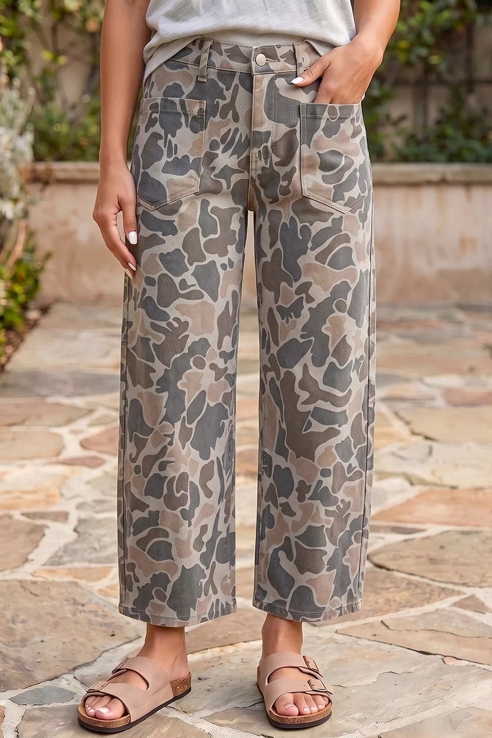 Camouflage Ankle Length Jeans in Taupe