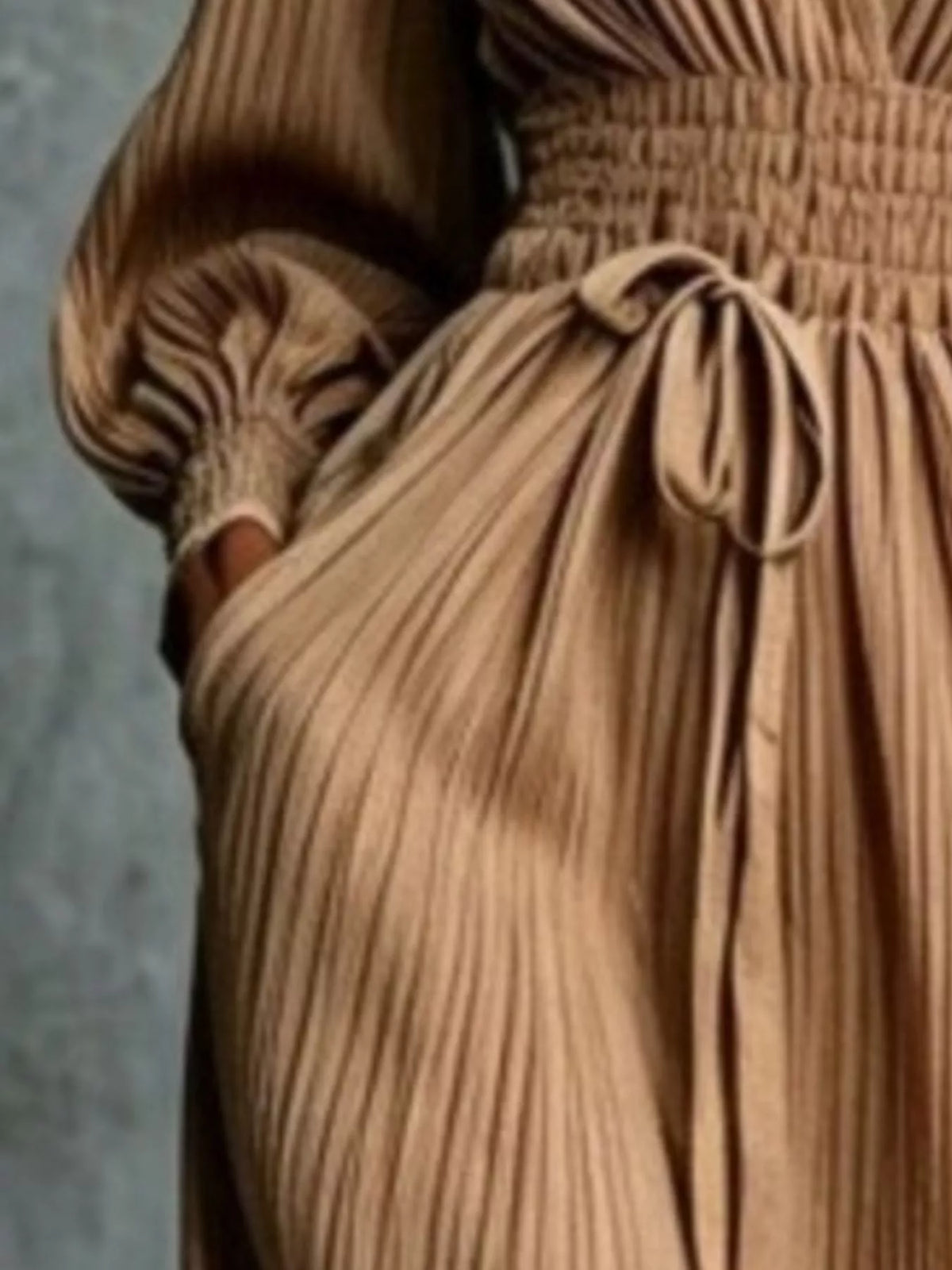 Pleated V-Neck Maxi Dress with Lantern Sleeves