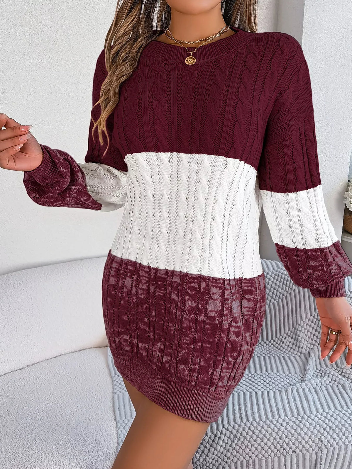 Color Block Cable Knit Sweater Dress