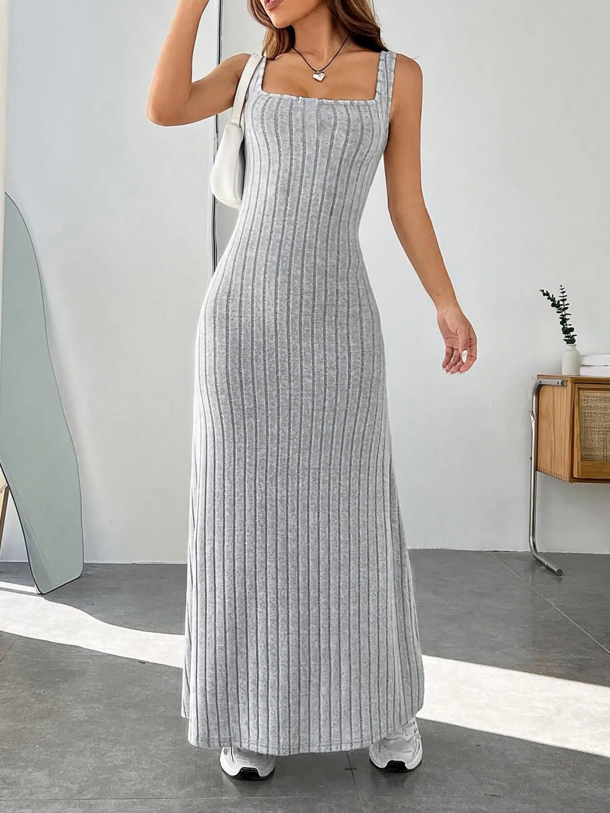 Ribbed Knit Square Neck Maxi Dress