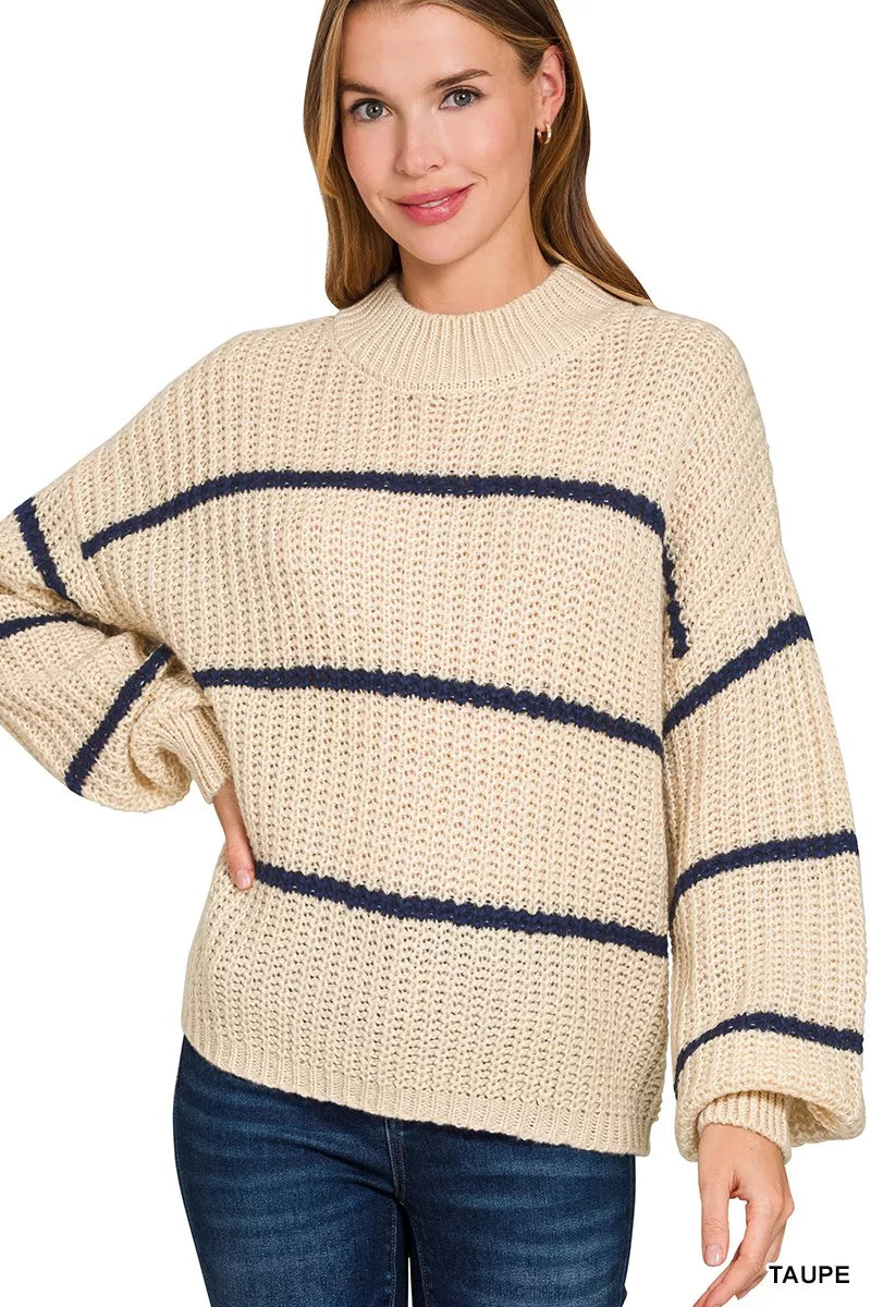 Zenana Oversized Striped Sweater in Taupe