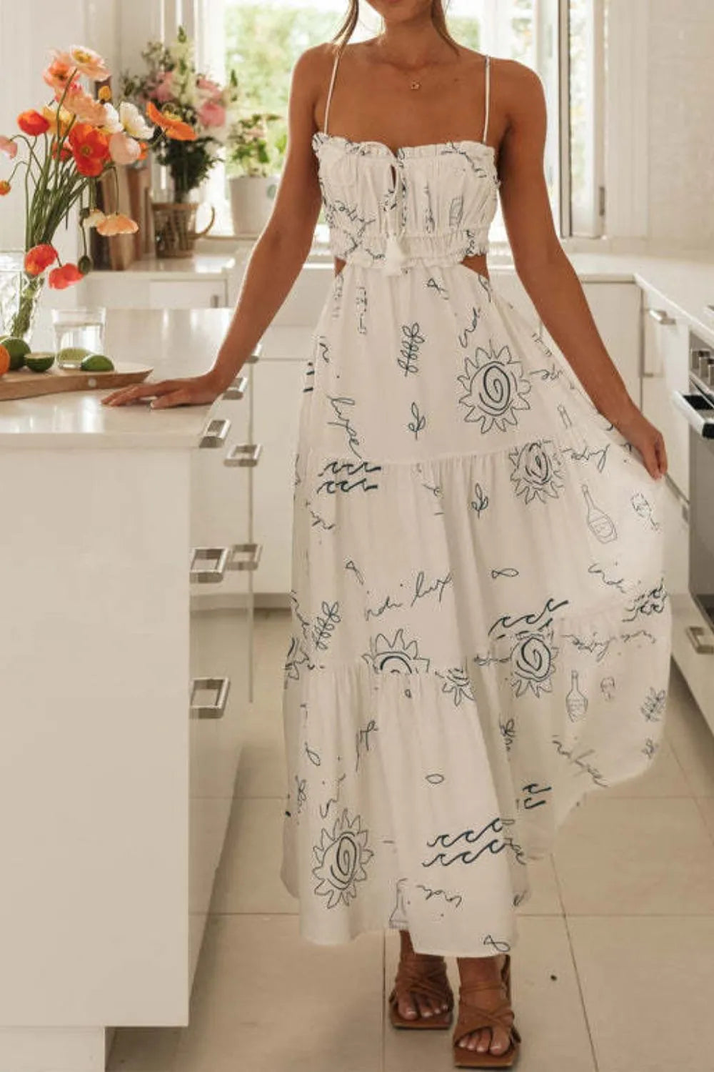 Cutout Printed Sleeveless Midi Cami Dress